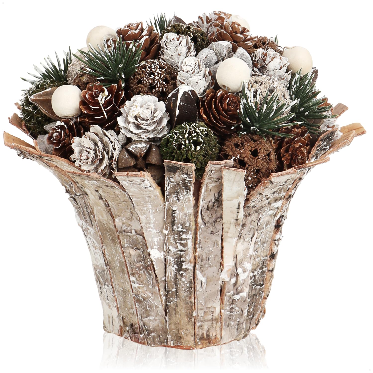 com-four® Arreglo navideño en una Maceta - Varios Tipos de Conos en una Maceta de Corteza Decorativa - Arreglo Floral Hecho a Mano como decoración de Mesa (1 Pieza - 18cm - Blanco - Perlas)