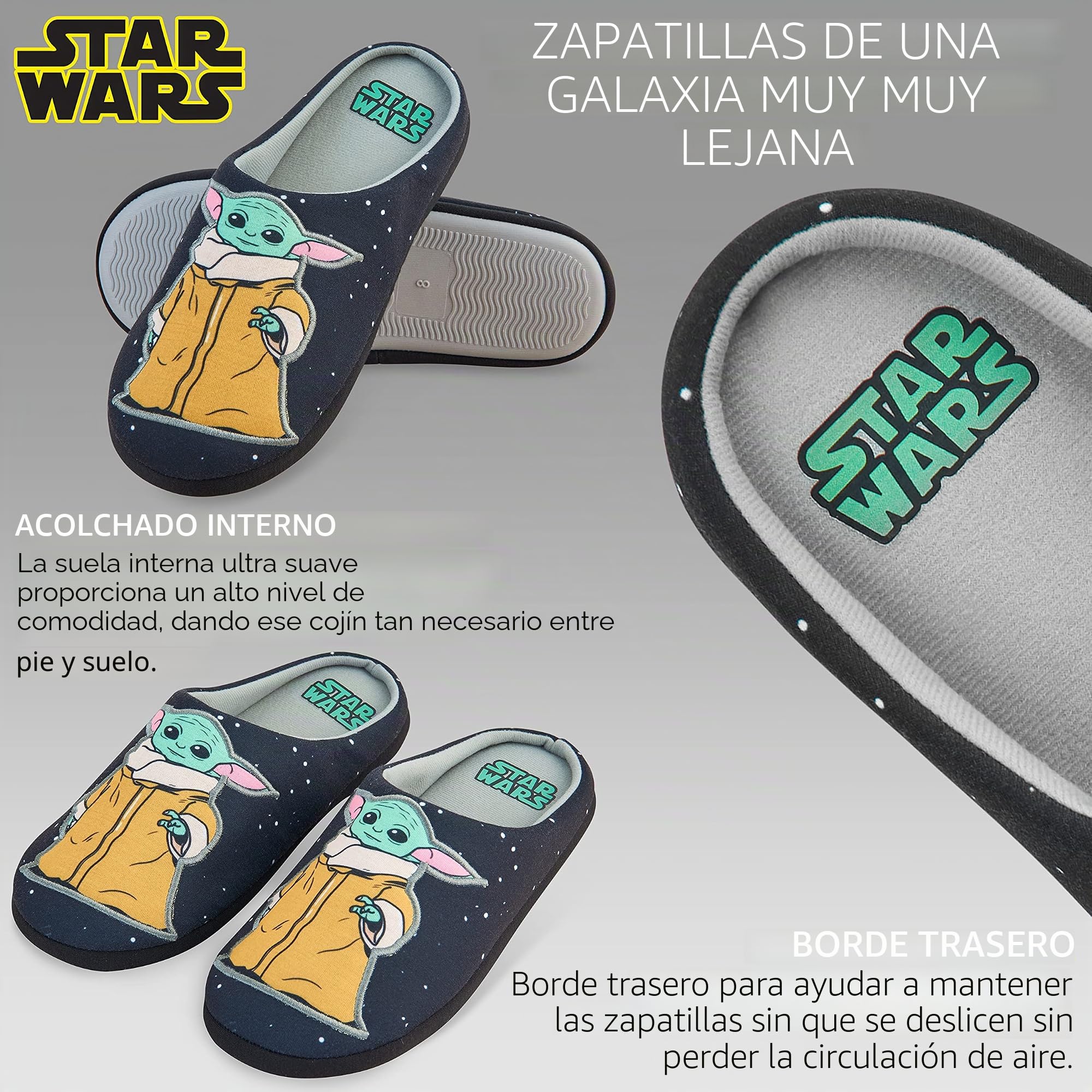 Disney Zapatillas Hombre Casa - Grumpy y Baby Yoda Pantuflas Hombre, Suela Antideslizante, Talla 39-47, Regalos Navidad (Negro Baby Yoda, 42 EU)