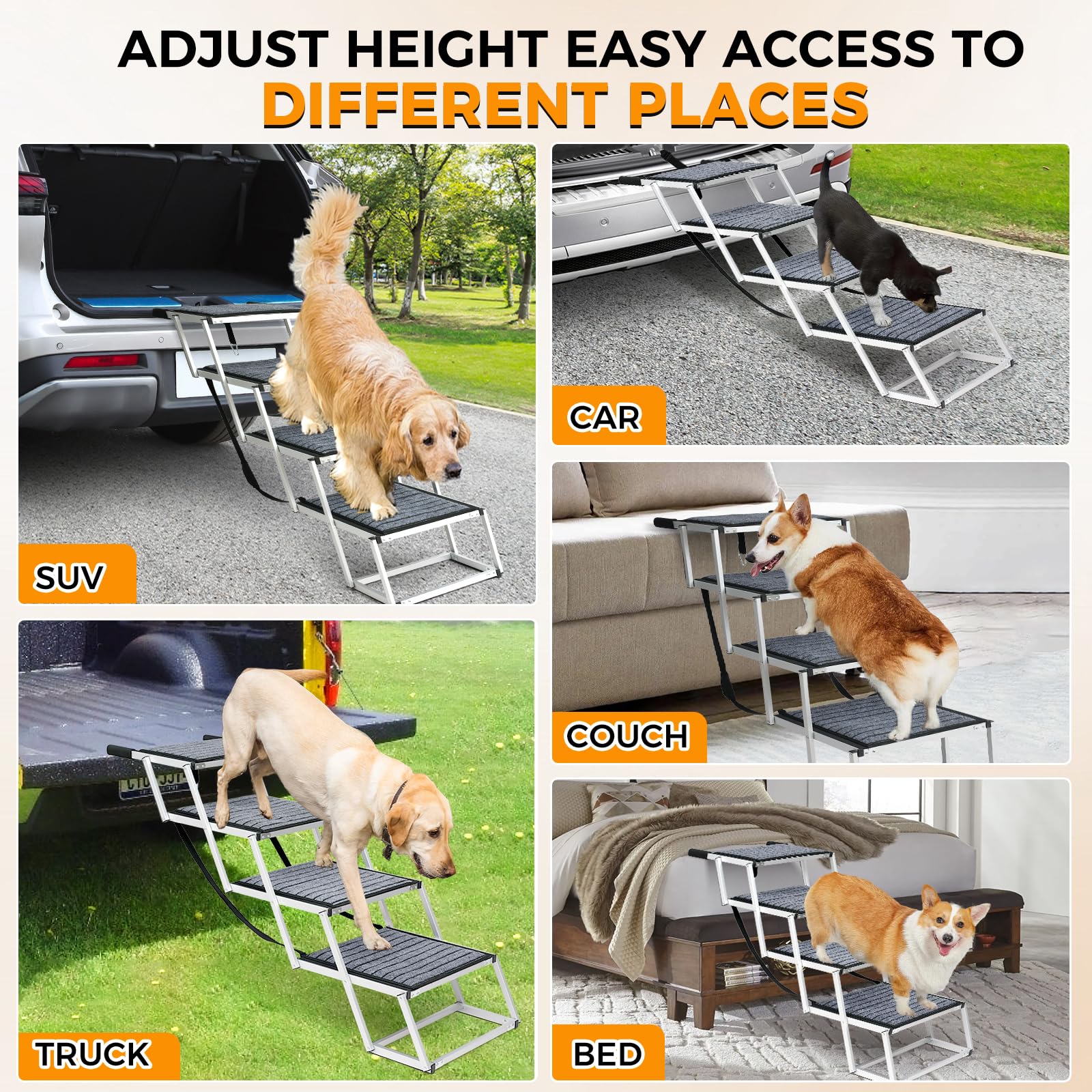 Snagle Paw Rampa per cani extra larga per auto, in alluminio, con tappeto antiscivolo, 4 gradini leggeri per auto, SUV, camion, letti alti