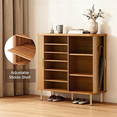 Miniatura 4 de DHH Armario de almacenamiento de zapatos con puerta corredera, armario de zapatos de 6 niveles con estantes ajustables, moderno organizador de