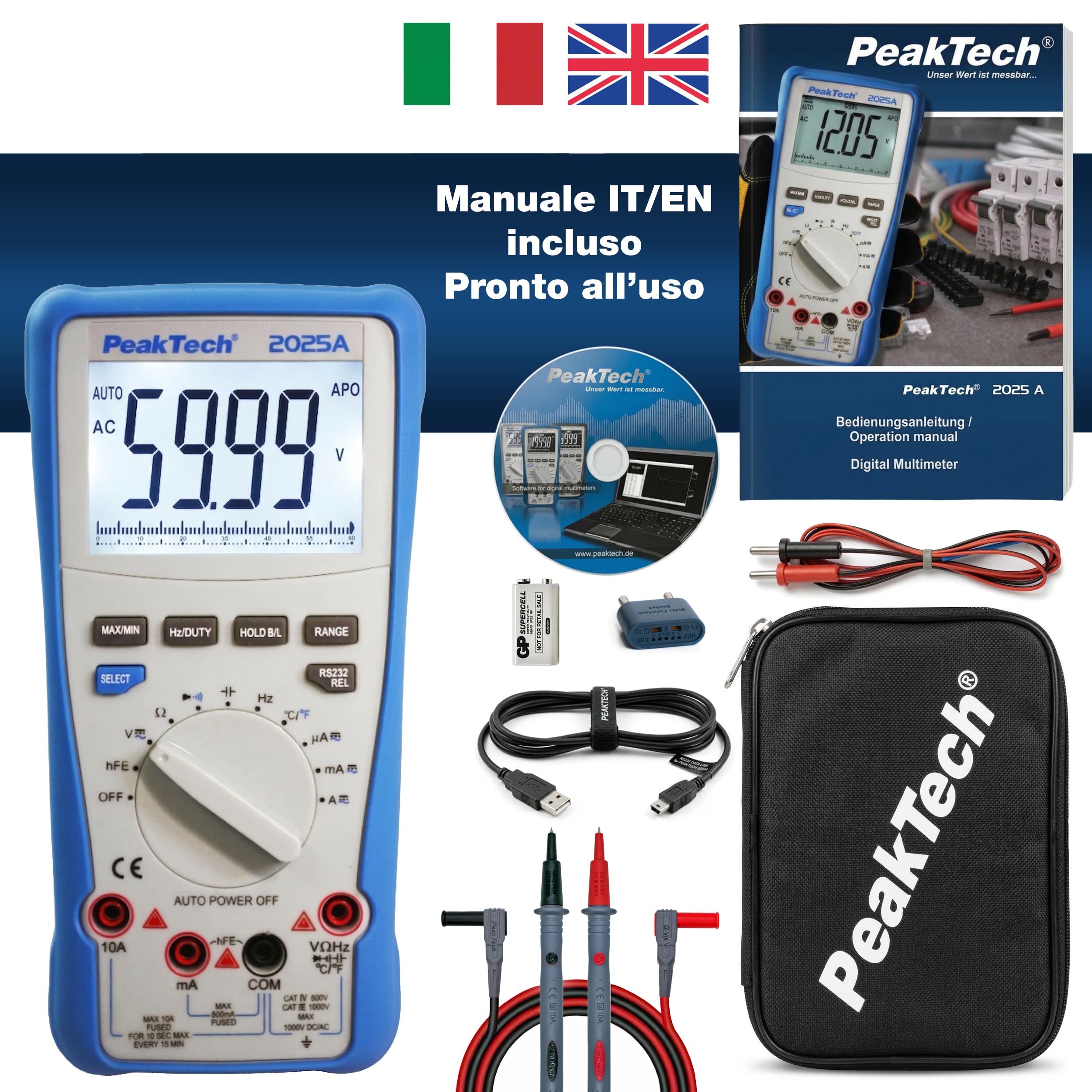 PeakTech® P 2025 A Multimetro digitale a vero valore efficace ~ 6.000 conteggi ~ 1000V AC/DC ~ 10A AC/DC ~ Auto-Range