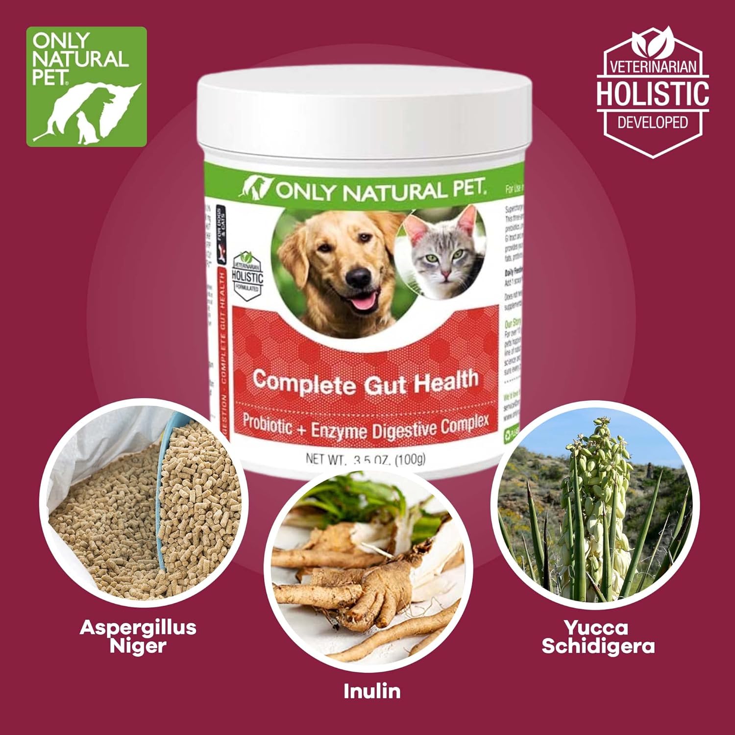 Only Natural Pet Complete Gut Health Complex – Probiotics & Digestive Enzyme Supplement for Dogs & Cats – Promotes Healthy Digestion, Immune System, Nutrient Absorption – Made in USA -3.5oz Powder