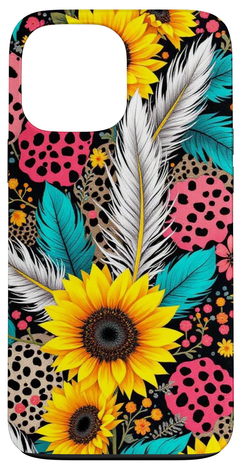 Western Boho Leopard Turquoise Cowhide Feather Sunflower Case for iPhone 13 Pro Max