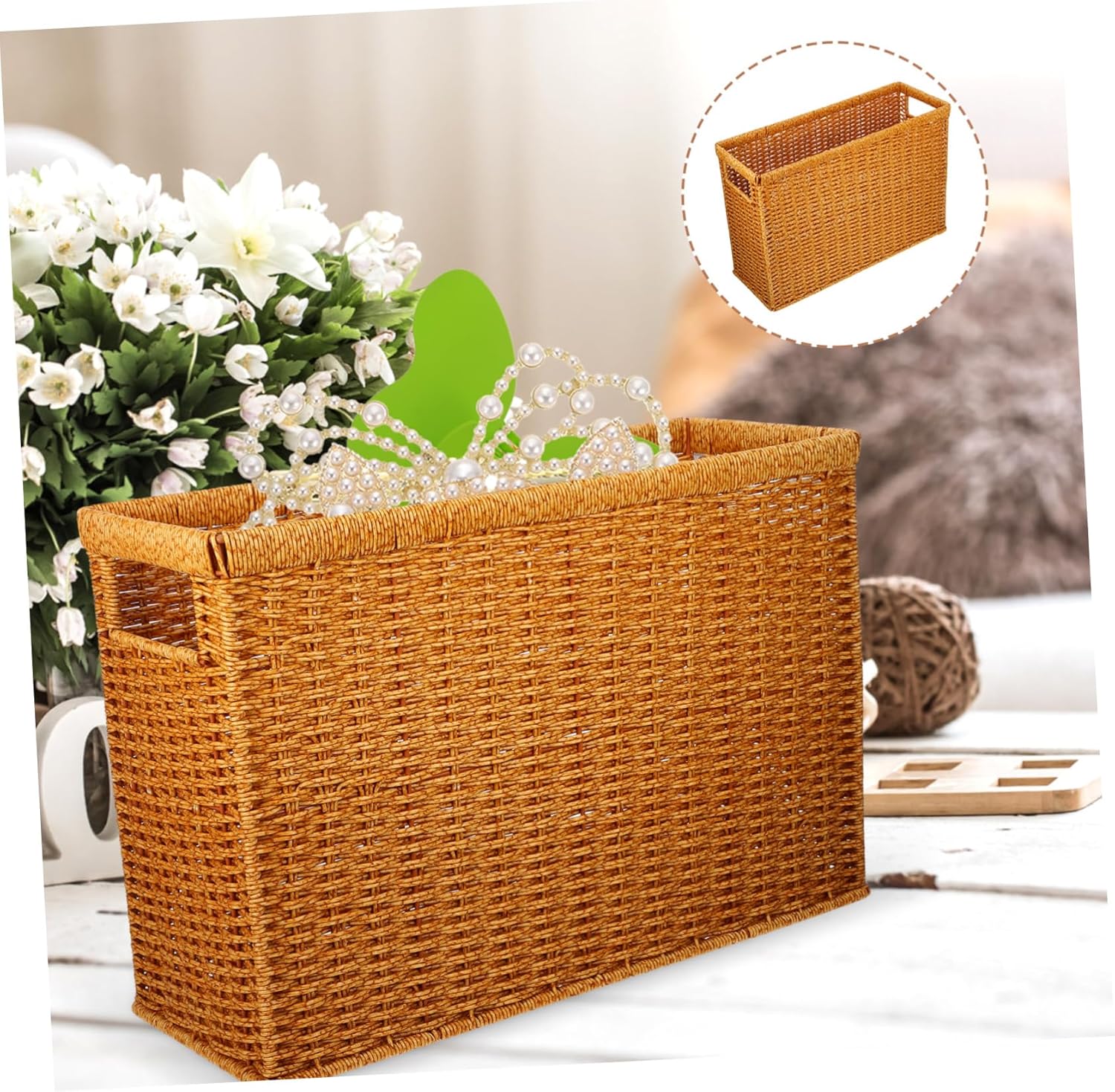 Ciieeo Desktop Woven Storage Basket with Handle Rattan Sundries Holder Design for Home Organization for Nursery Bedroom Living Room and Office