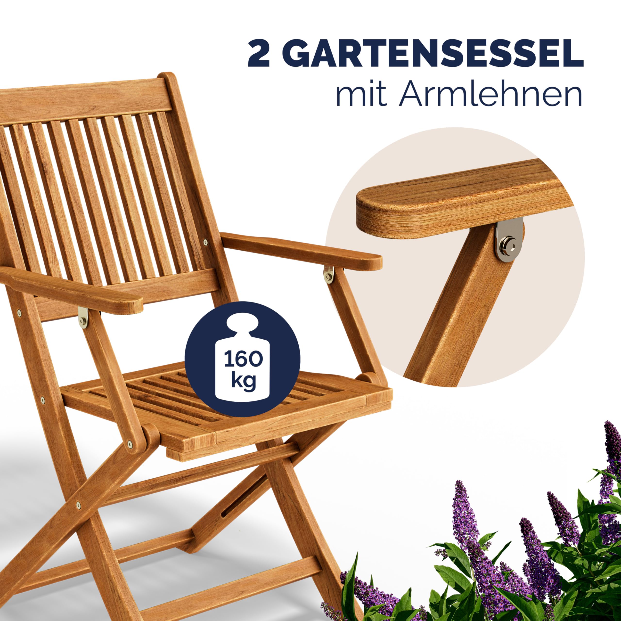 Casaria® Balkonmöbel Set 2 Personen Wetterfest Holz FSC®-zertifizierte Stühle Klappbar 160kg Belastbar Balkon Garten Terrassenmöbel Möbel 3-TLG. Akazie