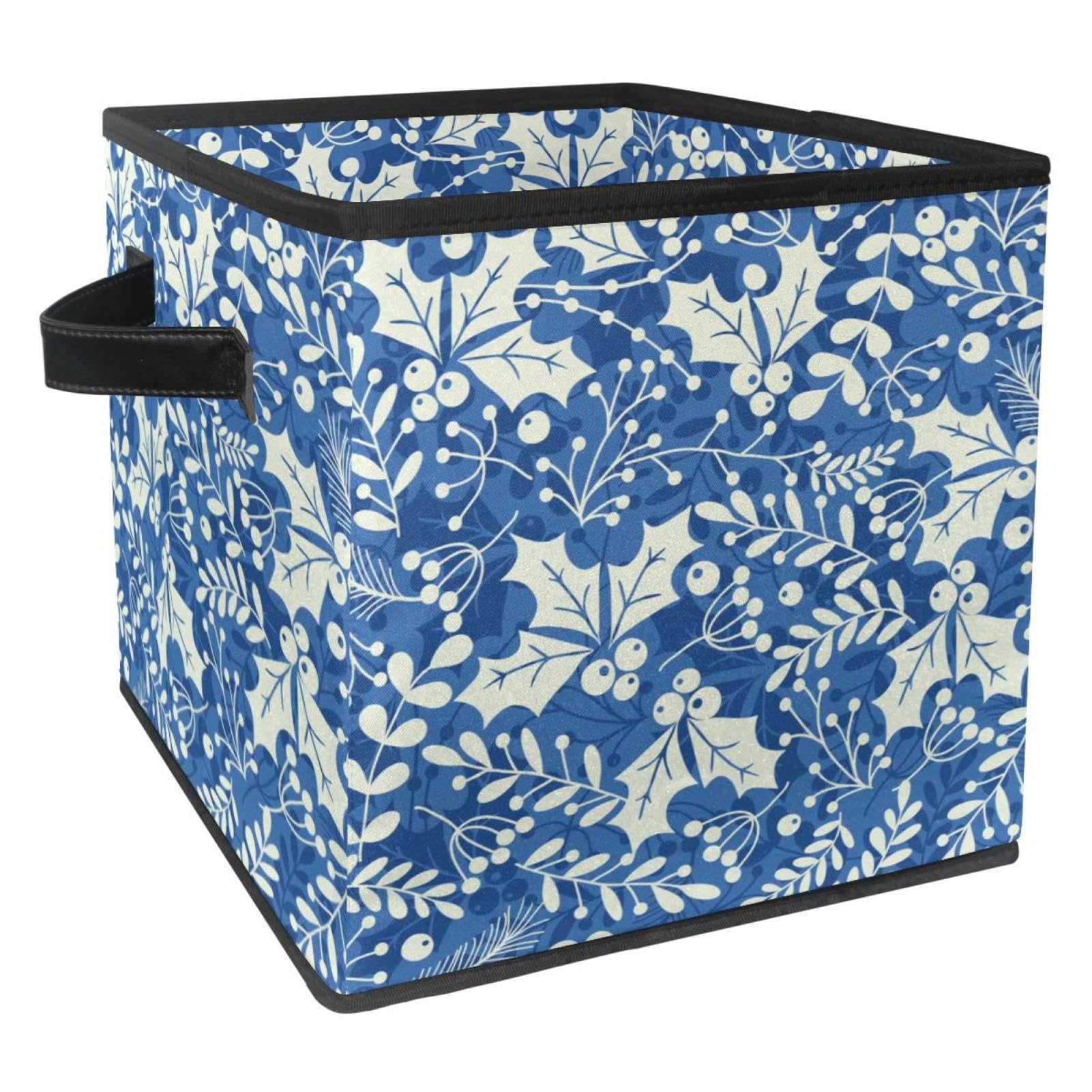 Boîte de rangement pliable en tissu cube motif feuilles de houx bleues avec poignées pour armoire