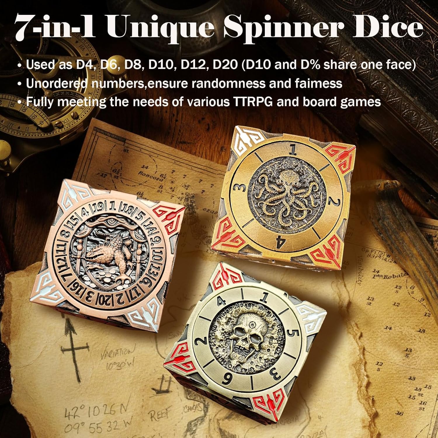 Metal Cube Spinner DND Dice, Polyhedral Role Playing 7 in 1 D&D Mystery Dice for Dungeons and Dragons Games Gifts, Tough Right Angle 6 Sided Tabletop RPG Accessories for DM & Player(FXAG)