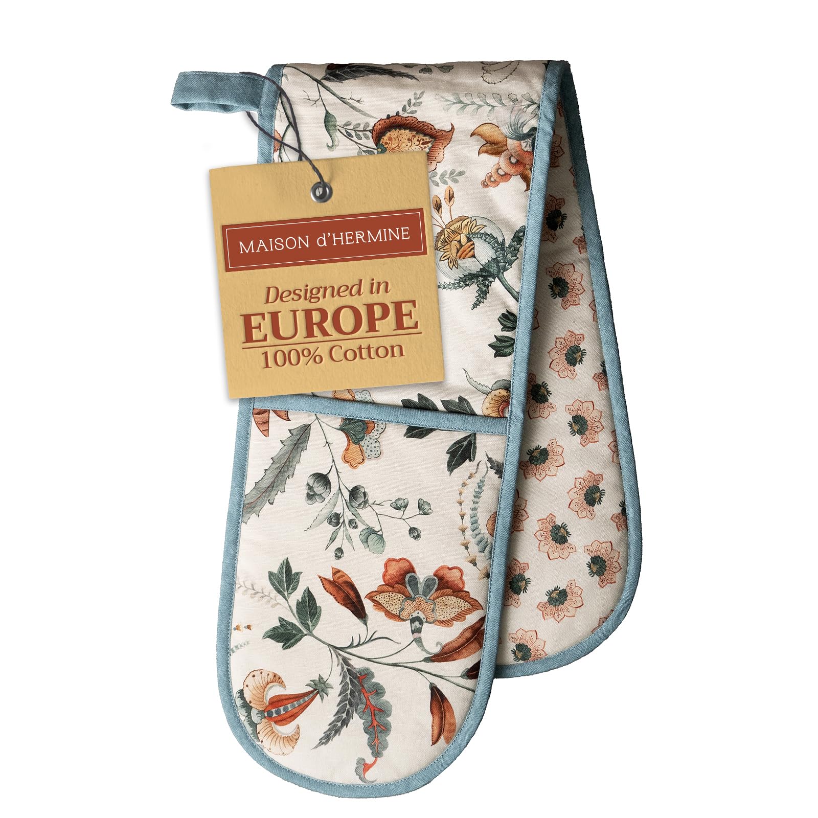 Maison d' Hermine Double Oven Mitts 100% Cotton 18 cm x 89 cm Double Oven Mitt Heat Resistant BBQ Cooking Gloves with Loop Baking Grilling Handling Hot Pans Spring Summer (DALIDA)