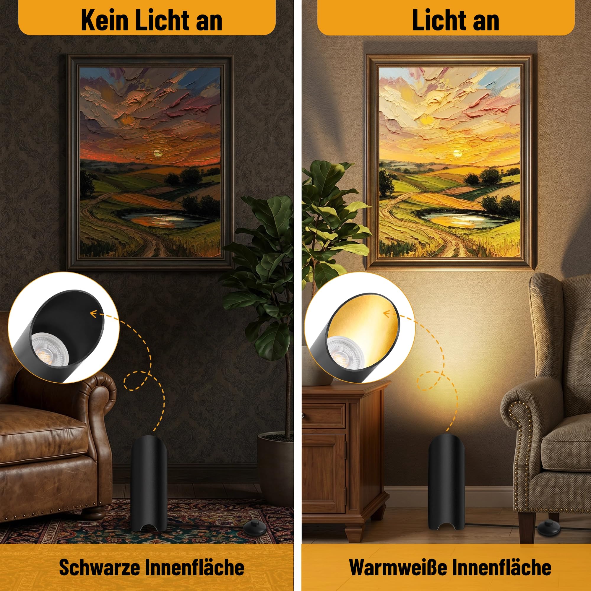 LED Bodenstrahler Innen Wohnzimmer: 3000K 7W GU10, Schwarz, 2 Stück | 3000K warmweißer LED Uplight Spot mit Fußschalter und 1,8 m Kabel für indirekte Beleuchtung, Pflanzen, Bilder und Sofaecken