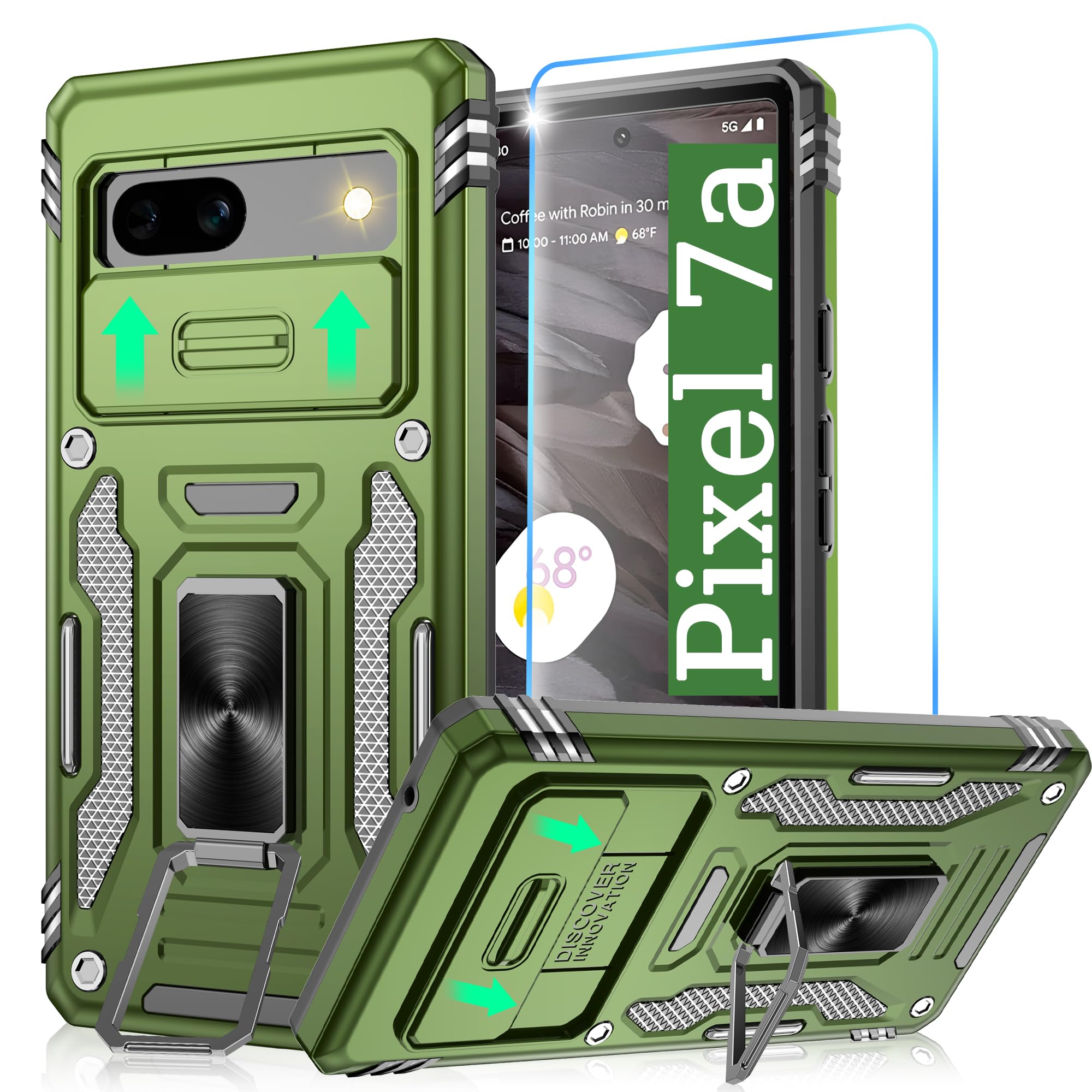 Pilaru Kompatibel mit Google Pixel 7a Hülle mit Schutzfolie, mit Schiebe-Kameraabdeckung 360° Ständer Stoßfestes Handyhülle Google Pixel 7a Olivgrün