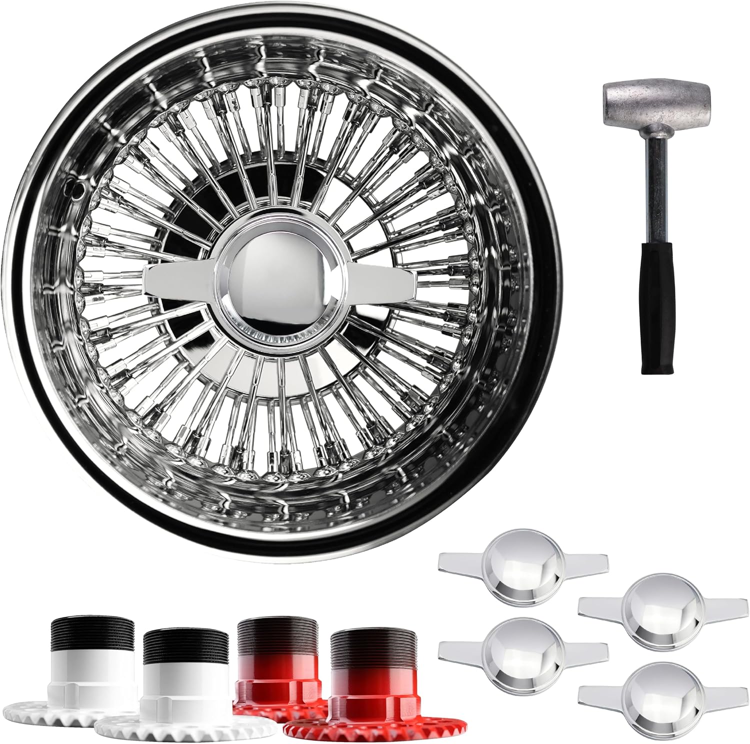 13x7 Reverse 72 Spoke SS Straight Lace Wire Wheels with Zenith 2 Bar Knock Off Spinner Caps + Adapters 5x4.5, 5x4.75, 5x5 | Chrome Deep Dish Lowrider Rims | Set of 4 + Lead Hammer