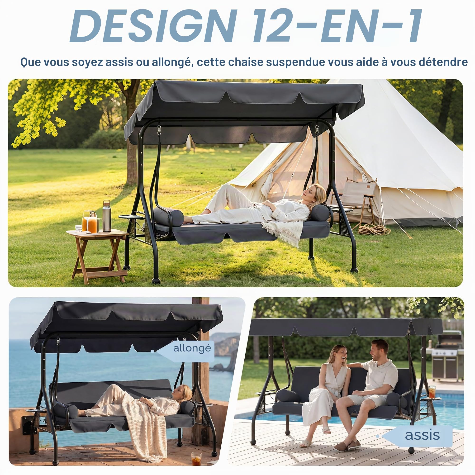 UISEBRT Balancelle de jardin 3 places avec fonction inclinable, 2 coussins, 2 plateaux, banc pour extérieur, supporte jusqu'à 350 kg, pour jardin, piscine, terrasse, anthracite