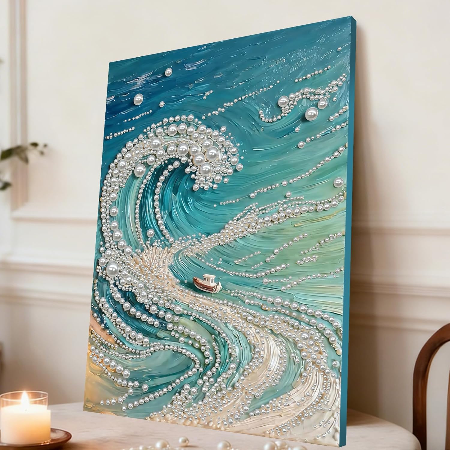 POETRYDRAW DIY Diamond Pearl Painting Kit for Adults Waves, Beginner Friendly Craft Kits with Frame 30x40cm, Home Decor Housewarming Gift, Diamond Dots Beads Canvas Art for Wall Decor
