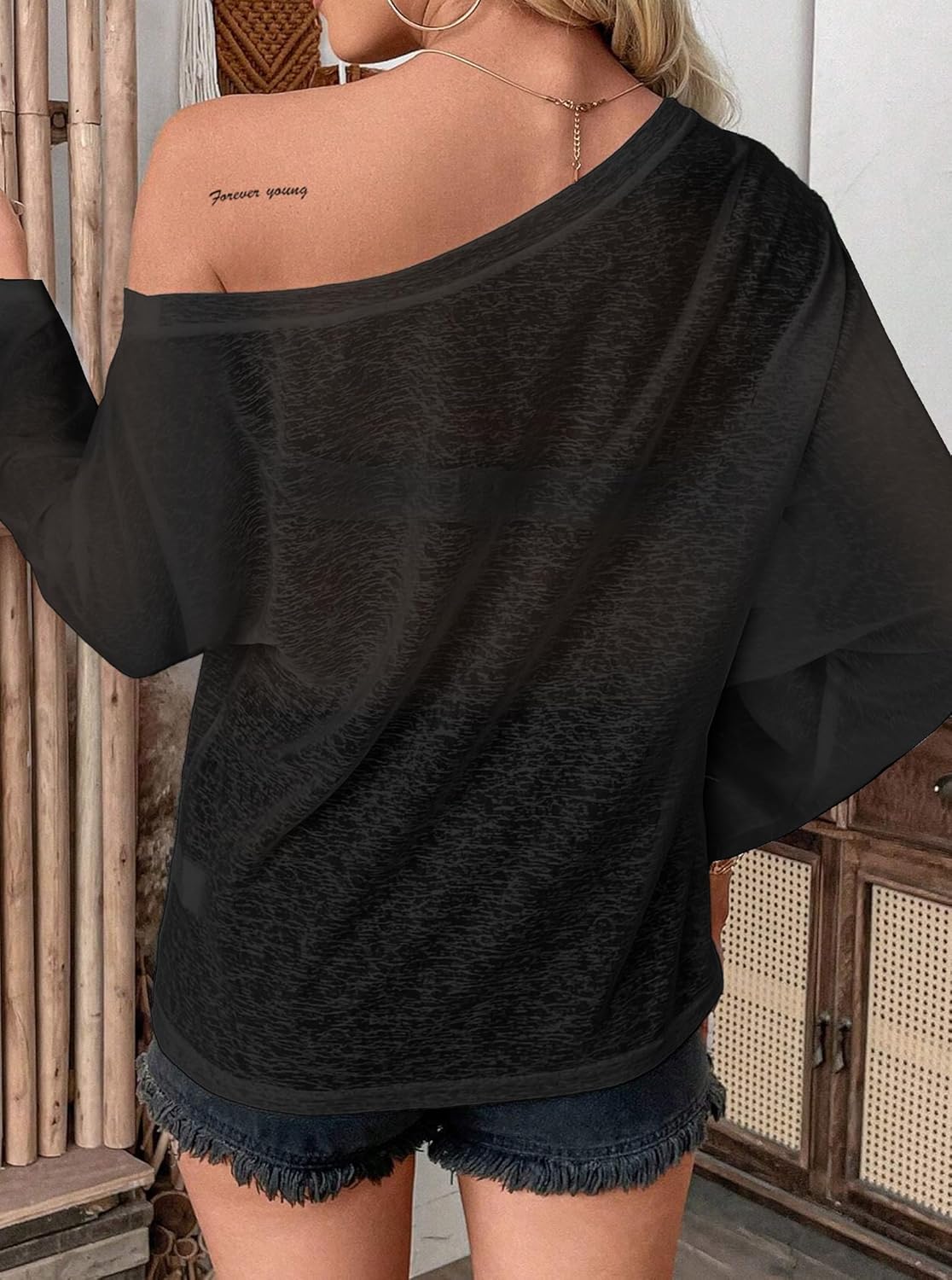Hilinker Womens Sheer Mesh See Through T Shirt Sexy Long Sleeve Off Shoulder Tops - Image 3