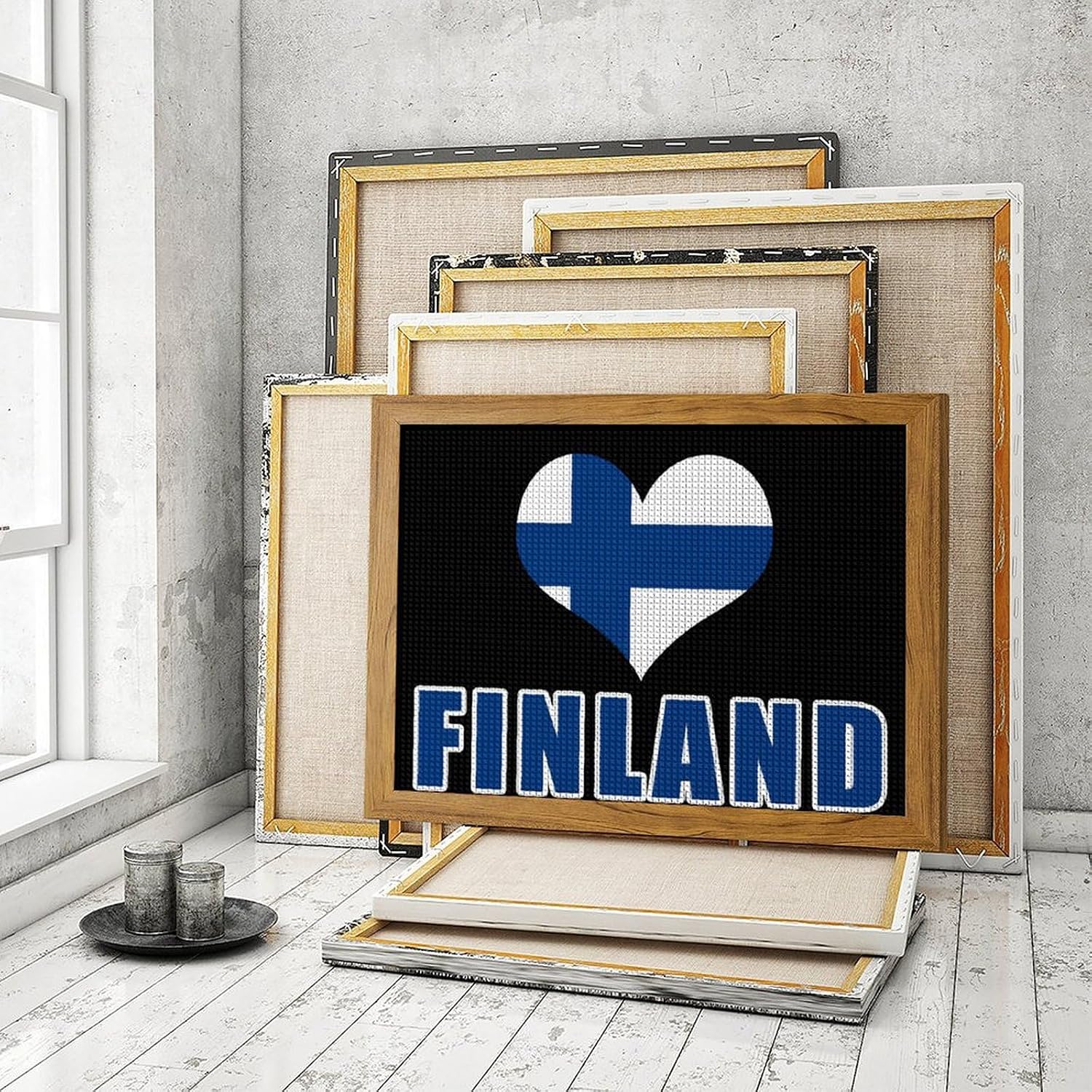 Finnish Flag Love Finland Printed Diamond 5D Painting Kits DIY Full Drill Crafts for Home Wall Decor 16x20 Inch Yellow Wood 50 * 40cm