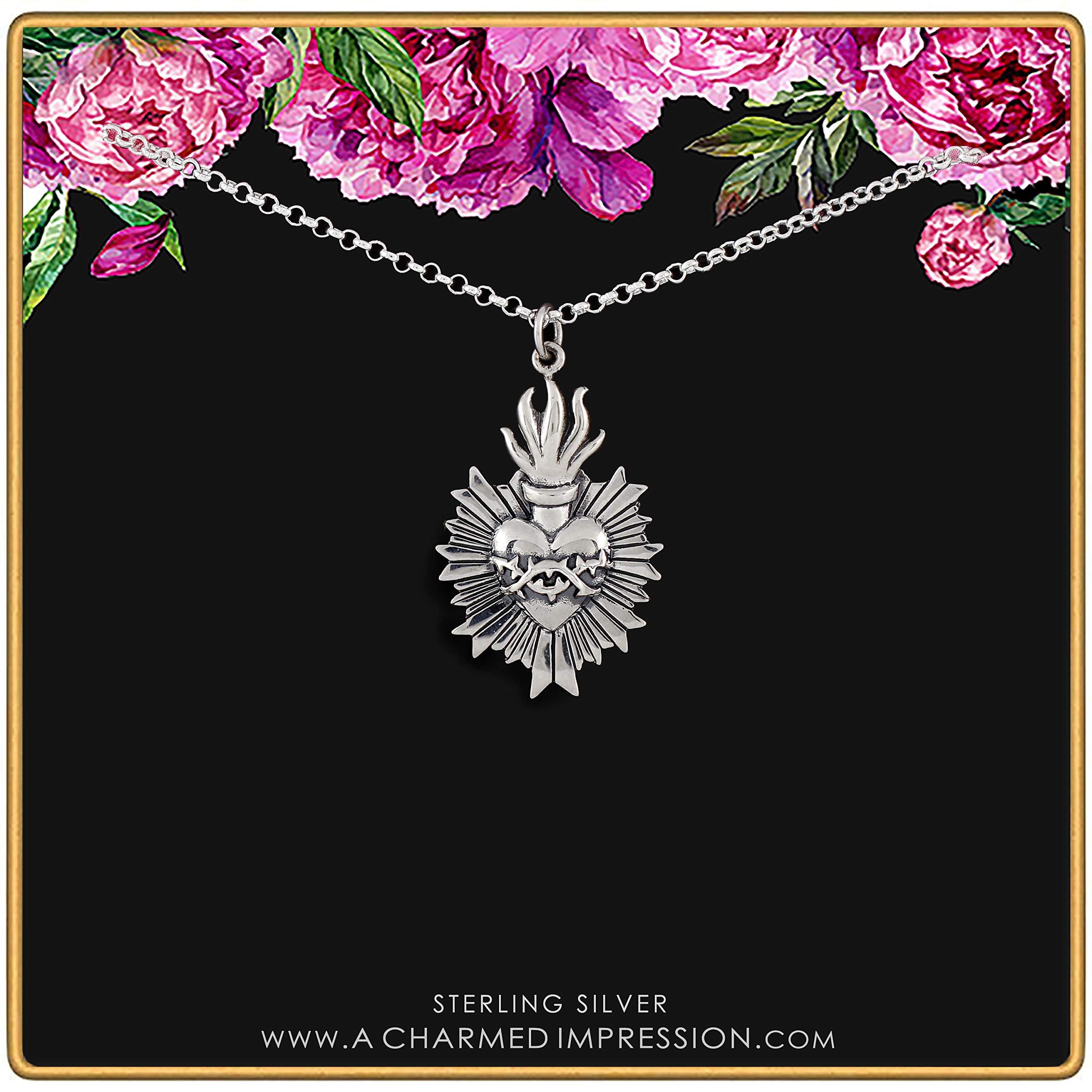 Sacred Flaming Heart with Thorns Charm Necklace • Solid Sterling Silver Heart • God's Love • Jesus L