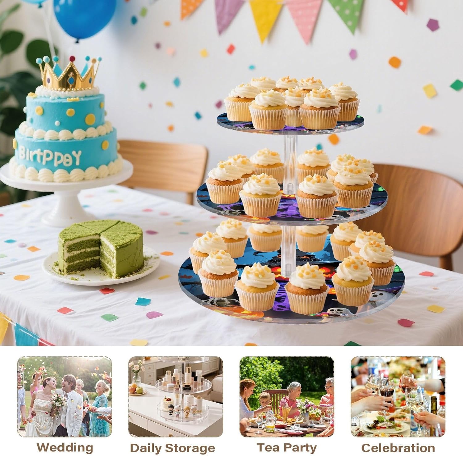 Skull Pumpkin Ghost Bats Halloween 3 Tier Acrylic Cupcake Stand, Cupcake Stand for 34 Cupcakes for Weddings, Christmas,Holidays,Parties,Birthday,Printed Cupcake Tower 23300436