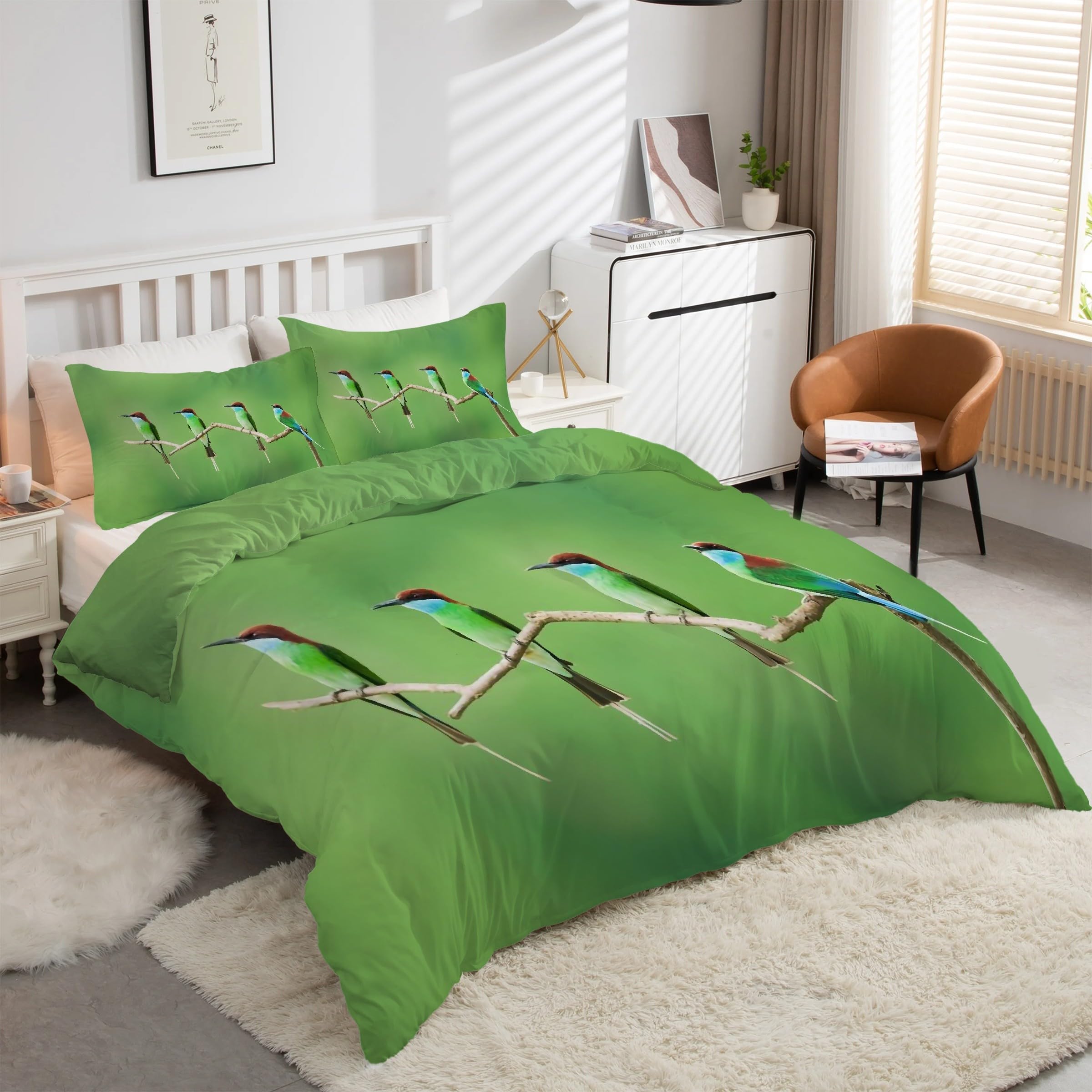 Housse de couette 200x200 oiseau vert en microfibre douce avec zip