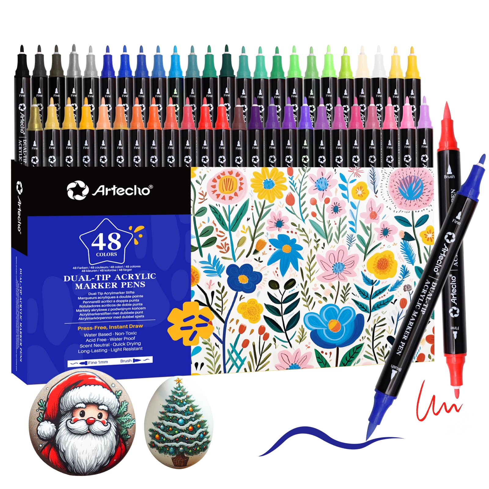 Artecho Acrylic Paint Markers 48 Colors, Acrylic Paint Pens with Brush Tip and Fine Tip for Stone, Rock Painting, Paper, Pumpkin, Wood, Egg, Canvas, Ceramic, Fabric, leather, Glass, DIY Crafts