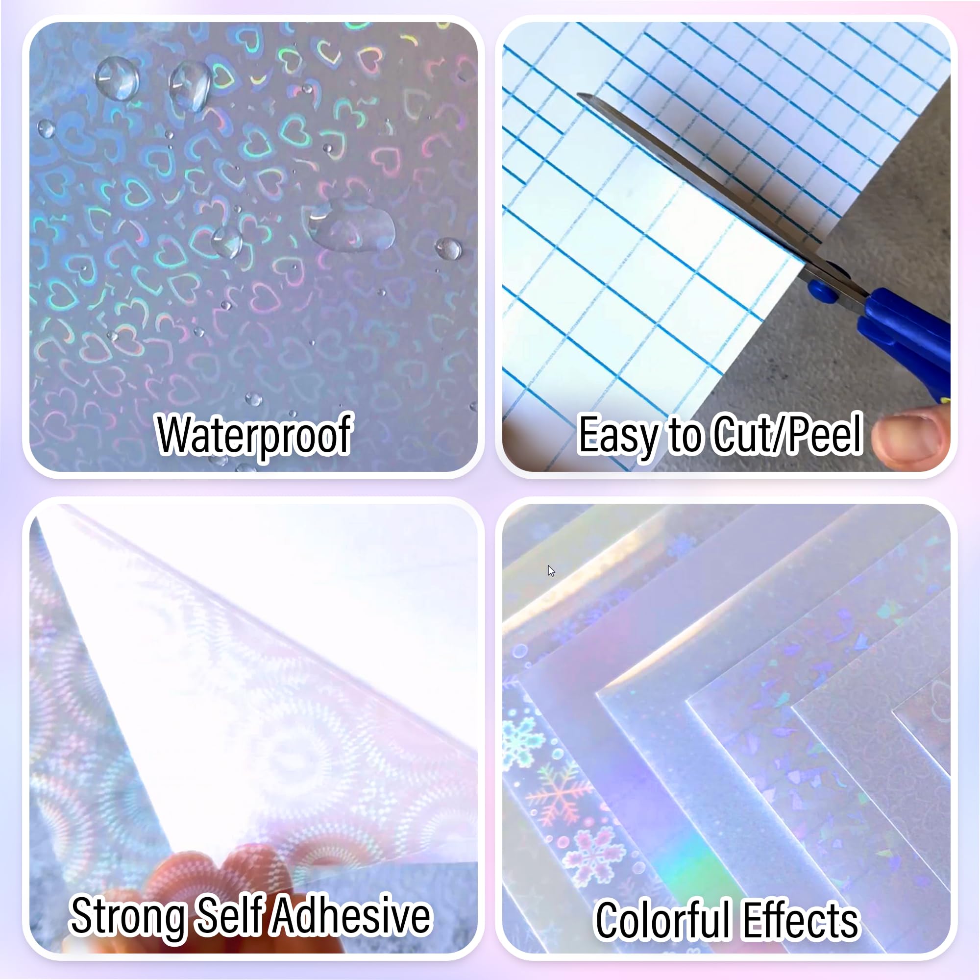 36 Transparent Holographic Laminate Sheets - A4 Waterproof Holographic Sticker Papers, Vinyl Sticker Papers, Self Adhesive Laminating Sheets (Colorful, Gem, Dot, Star)