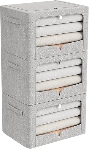 Paquete de 3 contenedores de almacenamiento de ropa, caja de almacenamiento plegable con marco de metal, juego organizador de tela de lino apilable