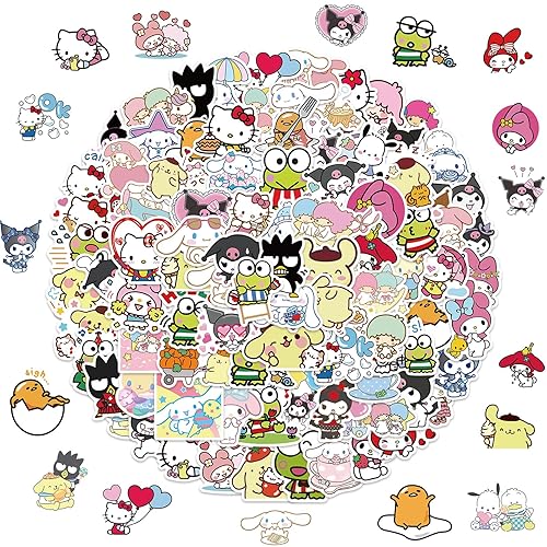 100pcs Sanrio Cartoon Stickers, Kawaii Hello Kitty Kuromi Mymelody Waterproof Vinyl Decal for Teen Kids Girl Adult Laptop, Travel Case, Phone, Bike, Water Bottle, Guitar, Computer, Skateboard - 100pcs Sanri
