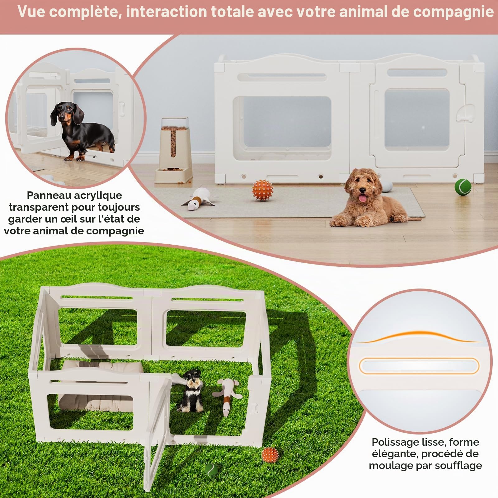 Clevich Enclos pour Chien en Acrylique 129 × 68 × 60 cm, 5 PCS +1 Panneaux avec Porte à Verrou, Clôture d'Intérieur Parc Chien Interieur, Pliable avec Ventouses, adapté aux Appartements, Blanc
