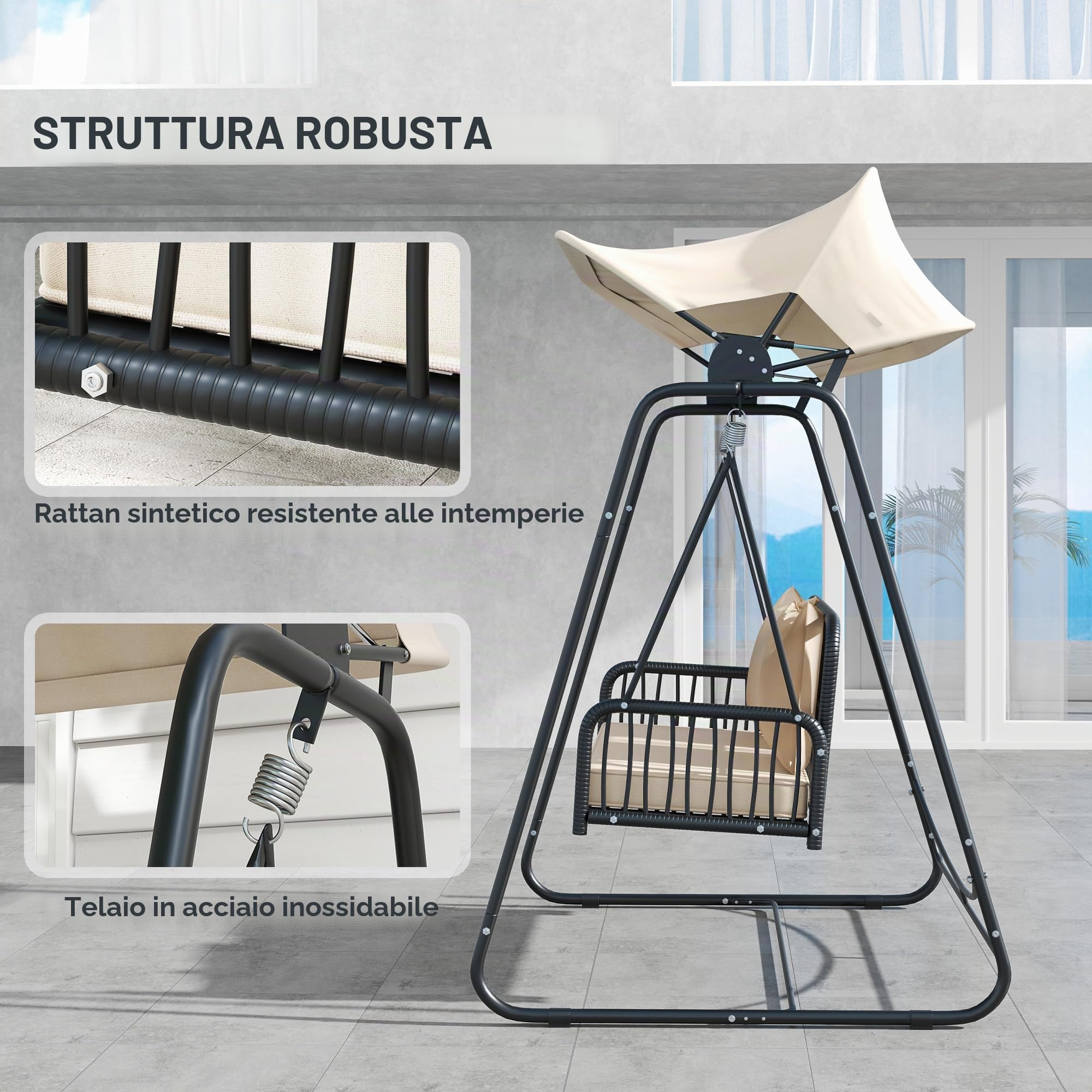 Outsunny Hollywood swing rattan 2 posti con cuscini parasole regolabili panca sospesa fino a 240 kg di portata panca sospesa per giardino balcone 149 x 121 x 180 cm kaki