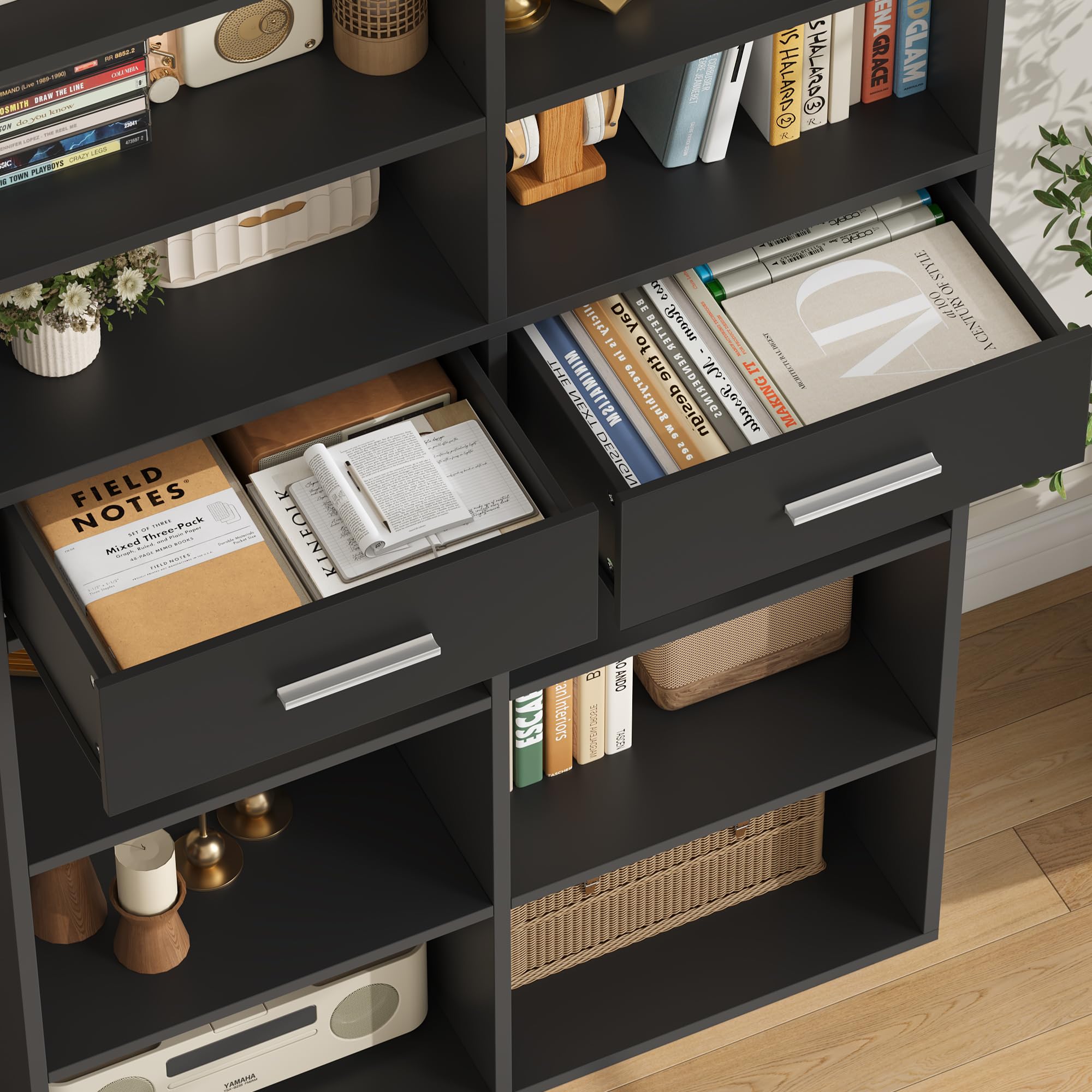 HOCSOK Estantería de 185,5 cm de alto con 2 cajones, estantería de 8 niveles, estantería de almacenamiento abierta para estudio, oficina, salón, dormitorio, color negro