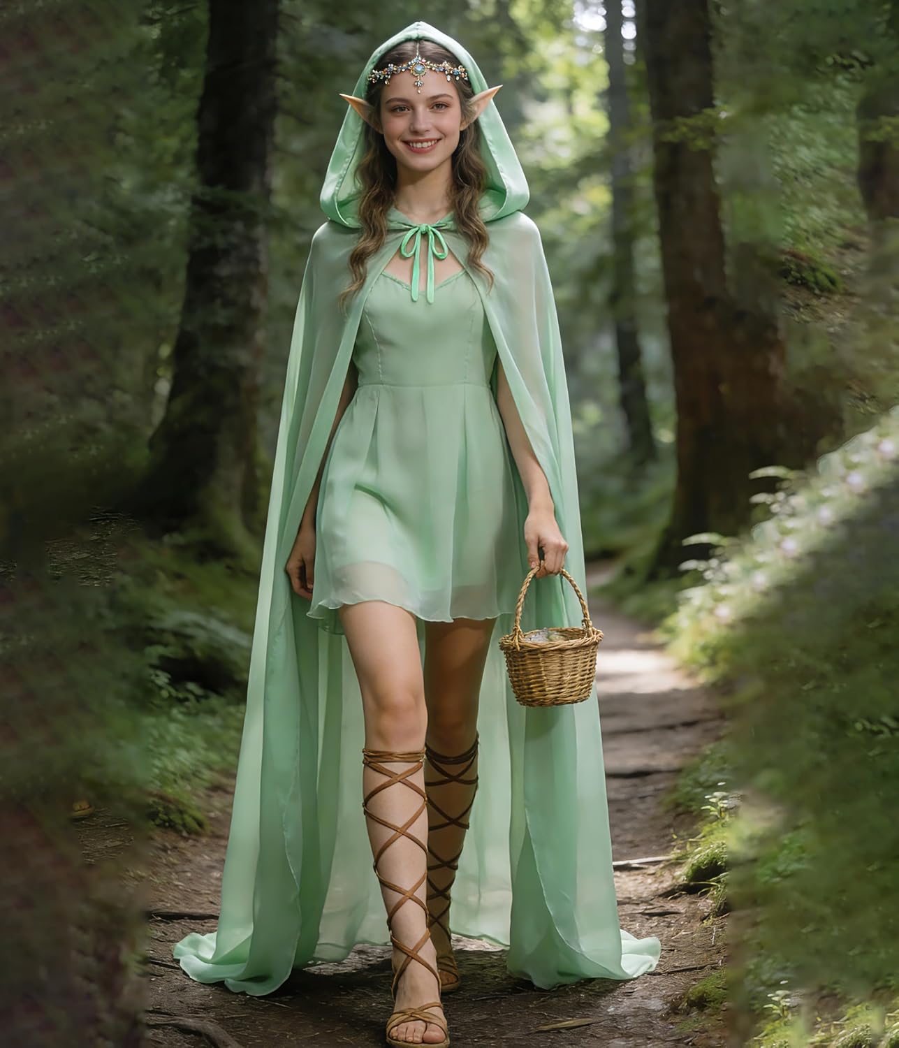 L'VOW Chiffon Hooded Cloak - Fairy Tulle Cape for Wedding, Elf Halloween Party Witch Cosplay