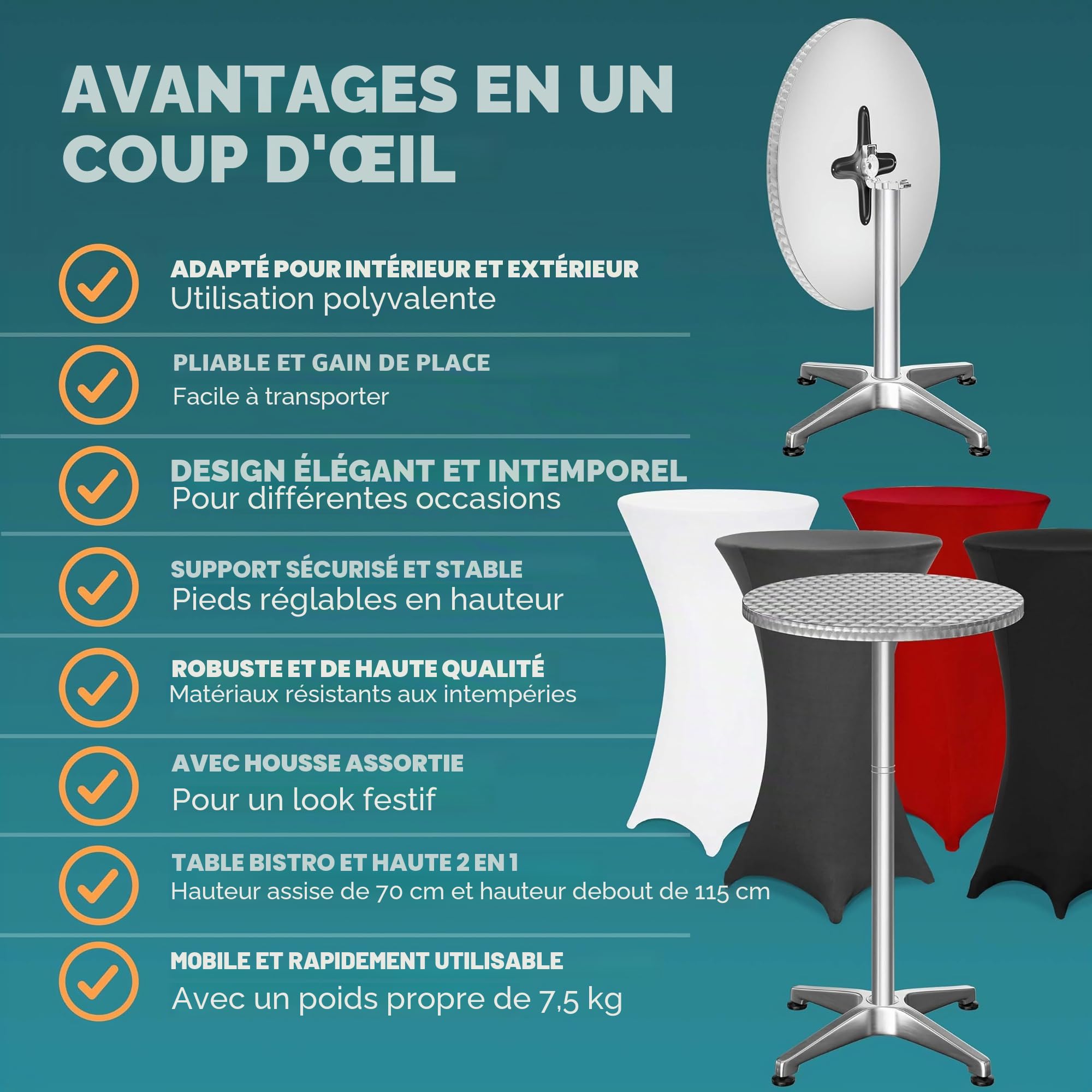 Casaria® Table Basse Mange Debout Aluminium - Table à Manger et Meuble Cuisine - Hauteur Réglable 70-115 cm, Plateau Pliable 60 cm, 4 Pieds Stables, Résistante aux Intempéries, Housse Noire Incluse