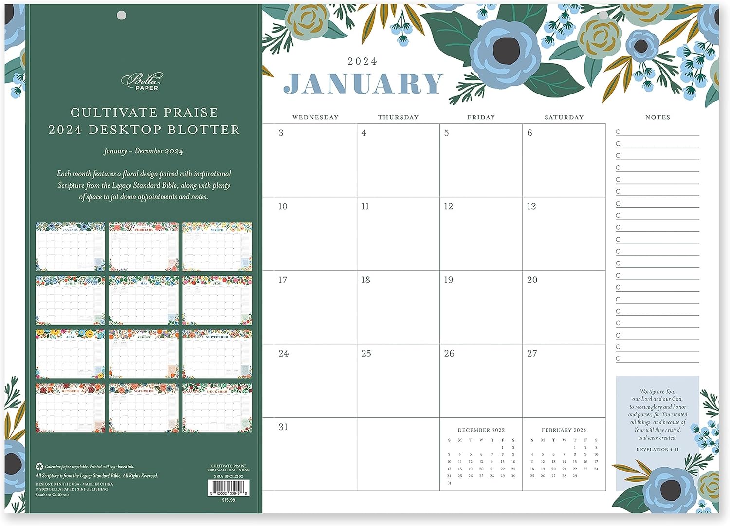 Cultivate Praise 2024 Desktop Blotter Calendar -January 2024 - December 2024, 17 x 12 desktop calendar, floral designs, premium paper, appointment, notes, holidays - floral