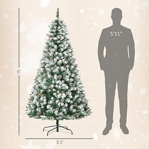 Miniatura 7 de HOMCOM Árbol de Navidad artificial desempolvado de nieve de 6 pies, árbol de Navidad flocado sin luz con 61 piñas, abeto falso completo con ramas