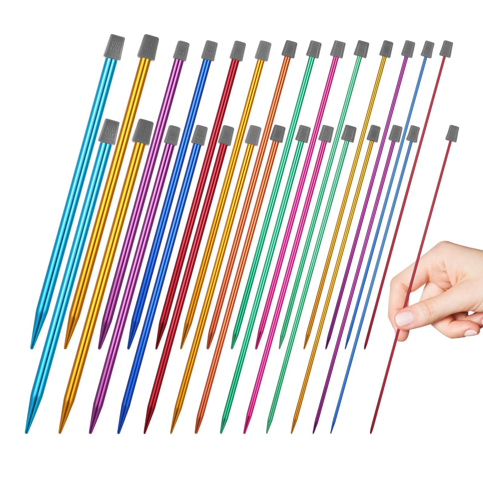 EPIGEIST Juego de Agujas de Tejer Rectas de Aluminio Colorido, 14 Pares, 25 Cm, Puntas Únicas, Herramientas de Tejido para Bricolaje, Manualidades y Principiantes, Aptas Proyectos Variados