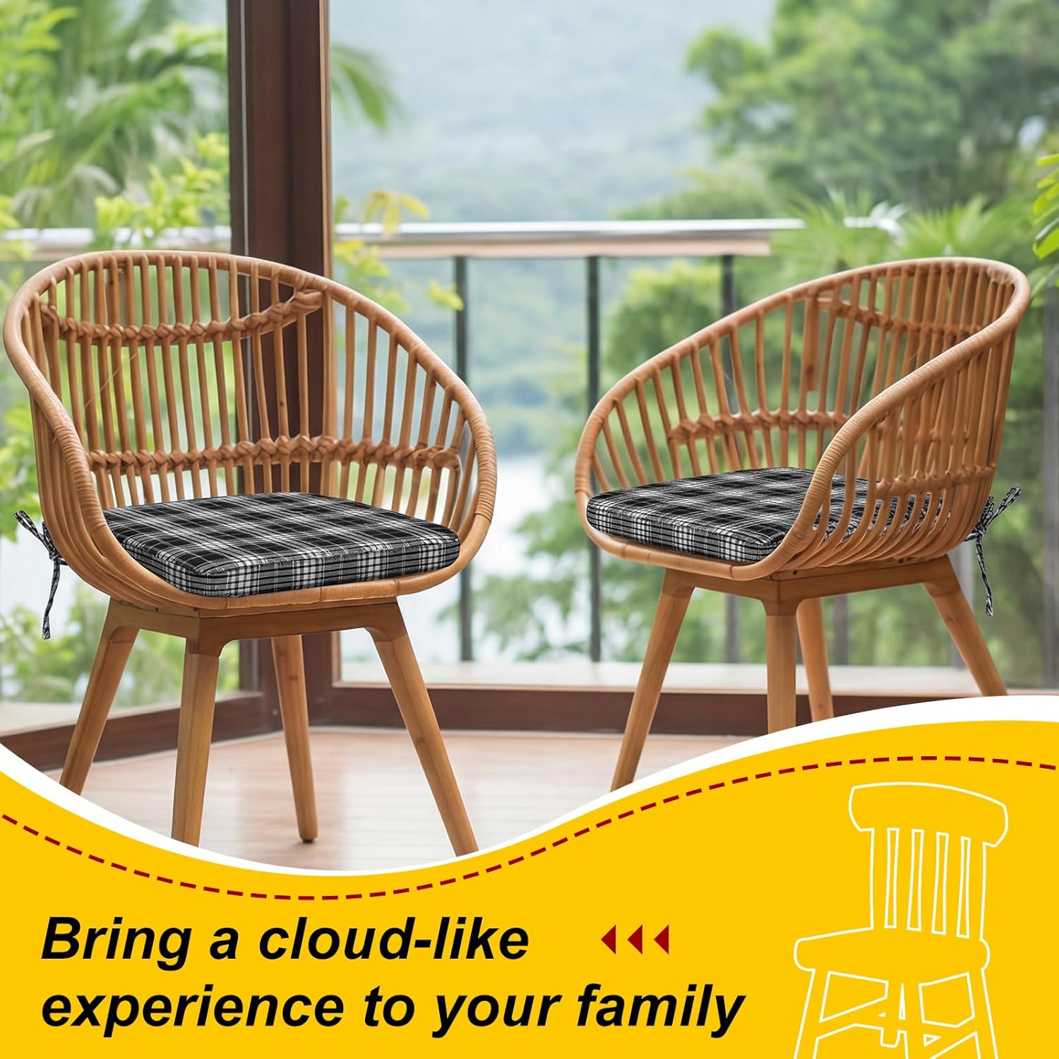 Geetery Chair Cushions for Dining Chairs Set of 4, 17" x 16" x 2" Kitchen Chair Pads with Ties and Removable, D-Shaped Seat Cushions for Kitchen Home Room, Scottish Grid Design(Black and White)