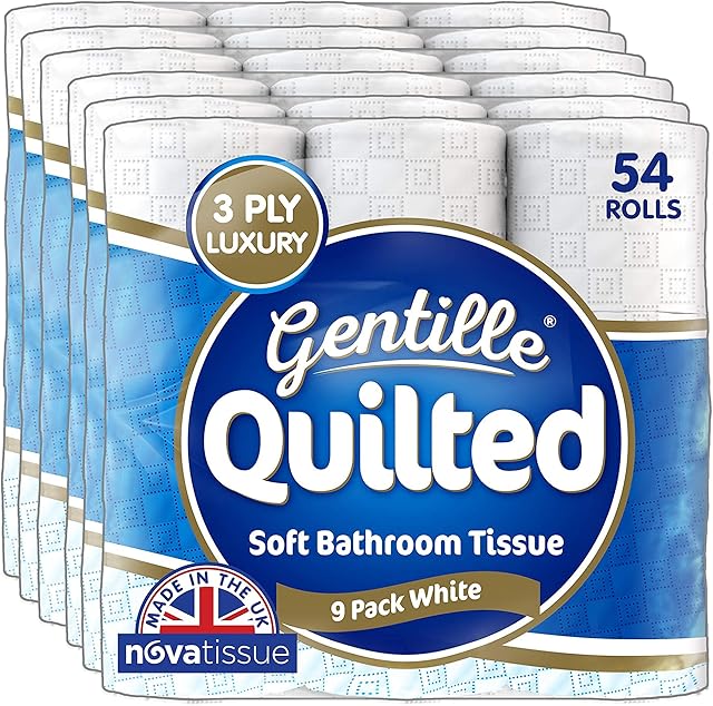 Gentille Quilted Bathroom Tissue | Luxury 3-Ply Toilet Paper | Soft, Strong, & Sustainable | Made in the UK | 54 Rolls