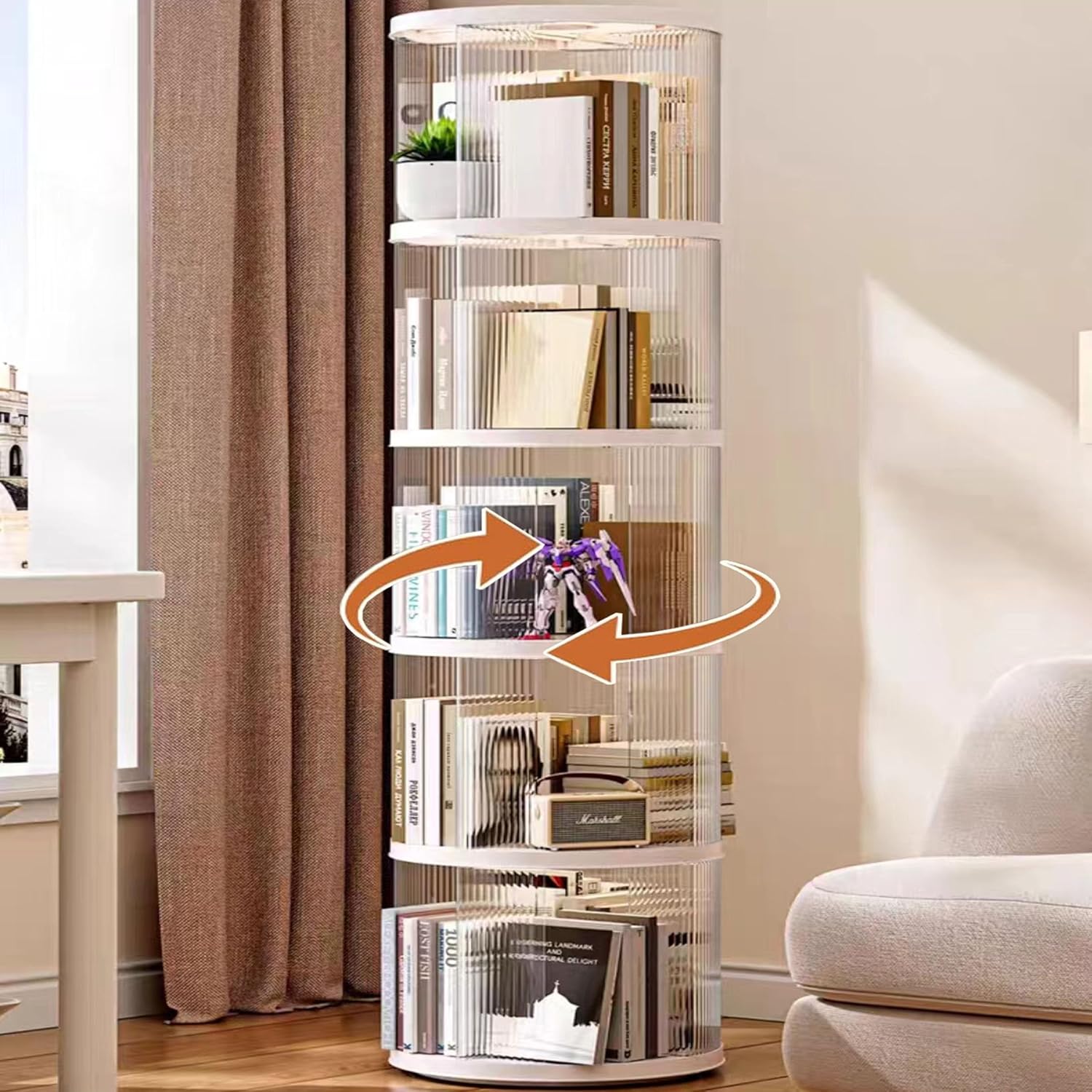 5 Tier Rotating Bookshelf Tower, 360° Rotating Bookshelf, Space Saving Rotating Bookshelves, Revolving Bookcase Suitable for Bedrooms, Living Rooms, Studies and Offices, White, Lazy Susan