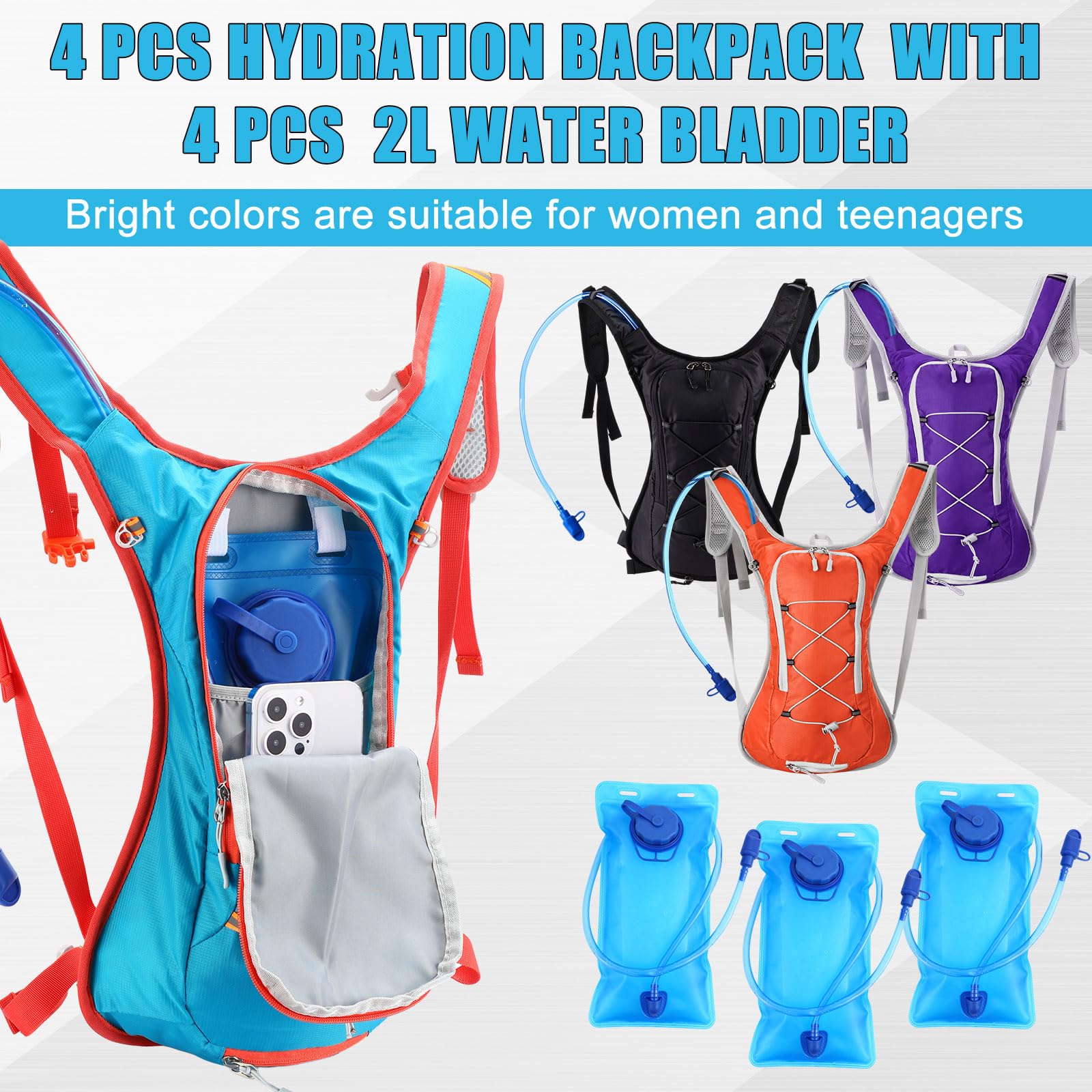 WinnerWhy Paquete de 4 mochilas de hidratación con bolsa de agua de 2 litros, mochila de hidratación ligera para hombres y mujeres, senderismo, ciclismo, camping, correr, escalada
