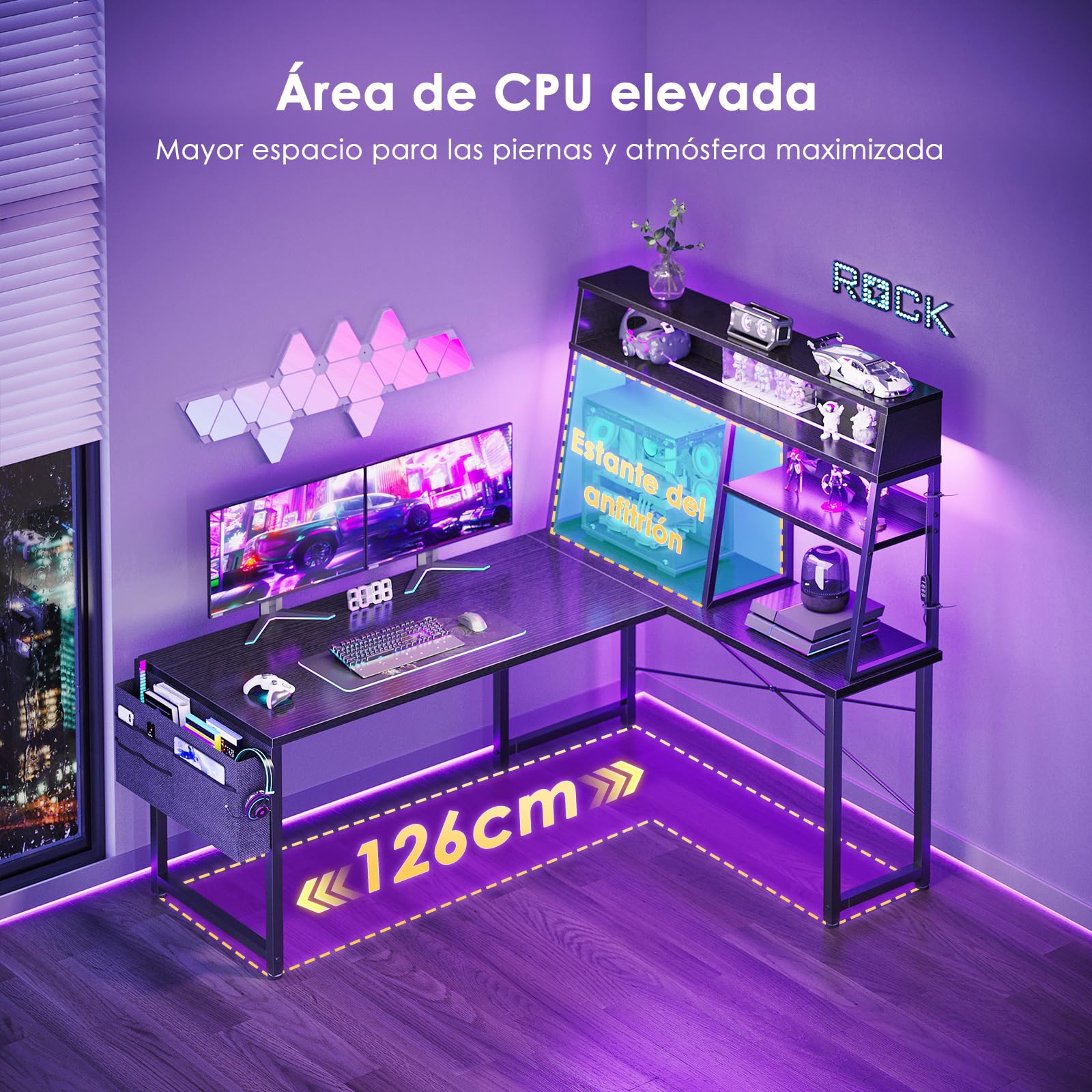 Coleshome Escritorio Gaming en L con LED, 130x100cm Escritorio Gamer Reversible con Estantes, Escritorio Esquinero con Bolsa de Almacenamiento y Gancho para Jugadores, Negro