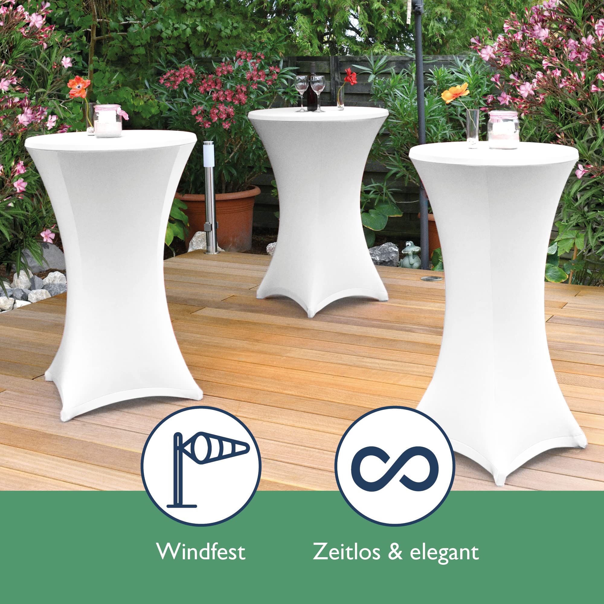 Beautissu Weißer Stehtisch klappbar 70 cm mit Stretch Stehtischhusse Weiß – Outdoor Bistrotisch Kratzfest, UV- & wetterbeständig – Husse rutschfest, waschbar & bügelfrei – Bellini & Stella