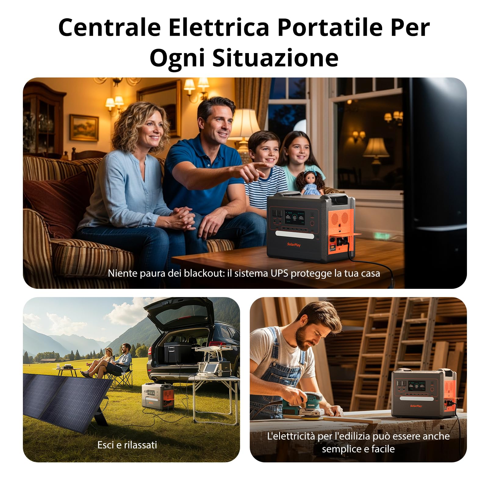 SolarPlay Q2402M Generatore Di Corrente Portatile 2304 Wh LiFePO4, 2500 W Uscita Continua, Ricarica Solare Rapida, Generatore Portatile per Campeggio, Emergenza e Backup Casa