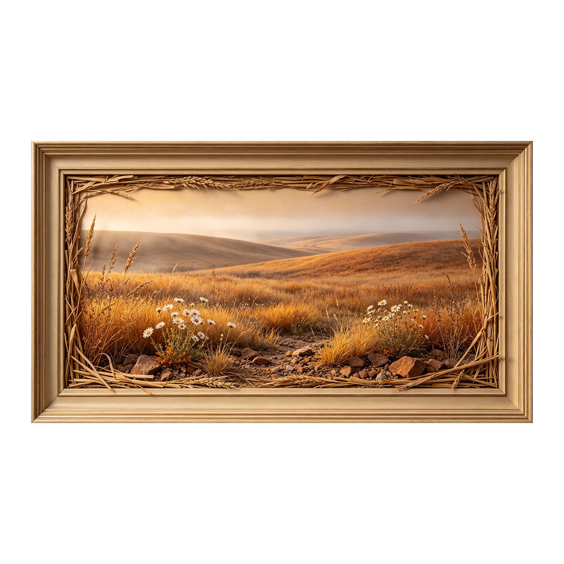 Yzpallescene 3D Framed Wall Art 50cm×100cm Sunset Meadow Pastoral Watercolor Panoramic Large Size SelfAdhesive Removable Wall Decor Prints Artwork for Living Room Bedroom Office