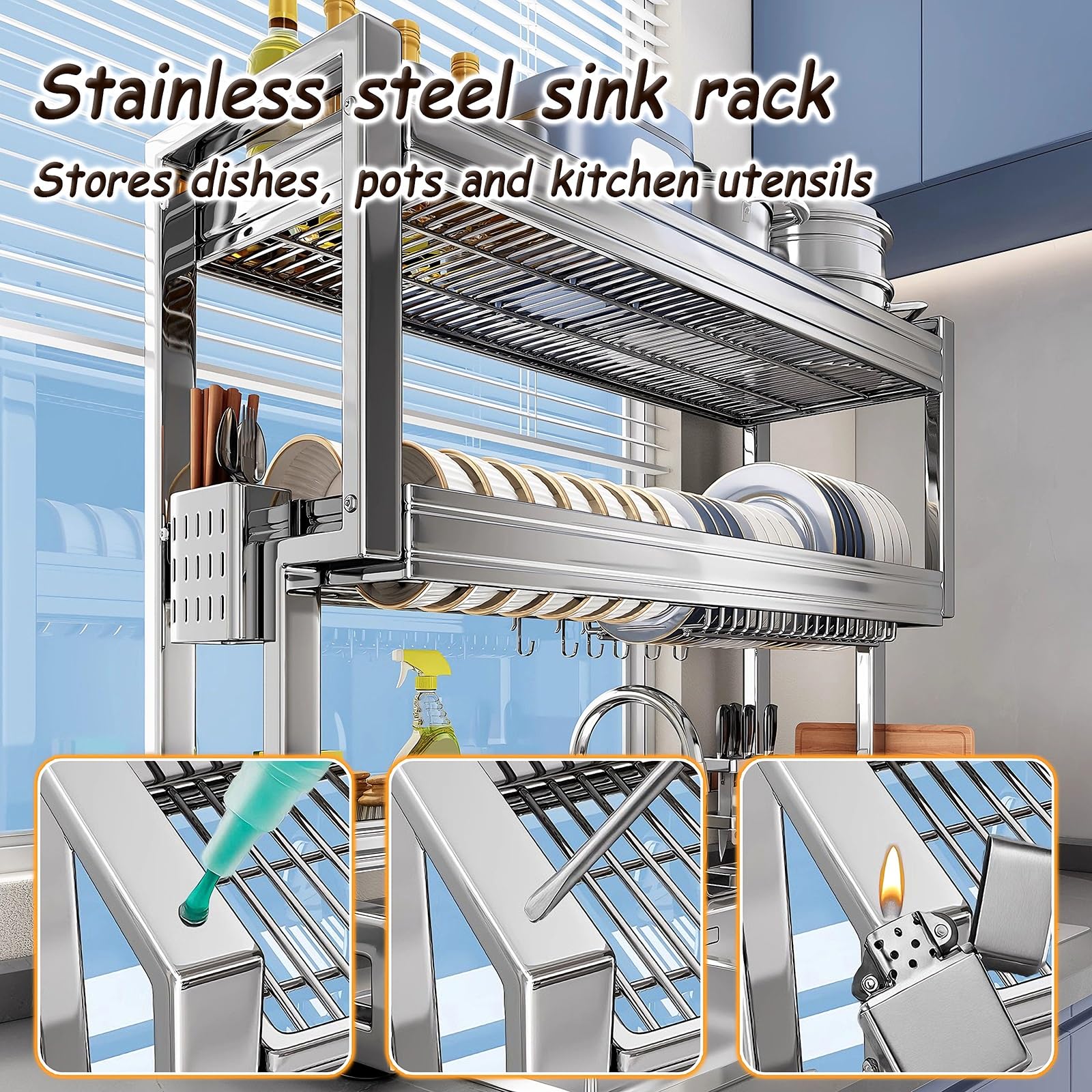 Scolapiatti da Appoggio per Lavello in Acciaio Inox Portaposate Scolaposate di Grande Capacità Organizer Cucina Salvaspazio per Piccoli Spazi, Appartamenti, Casa(56 * 26 * 55cm)