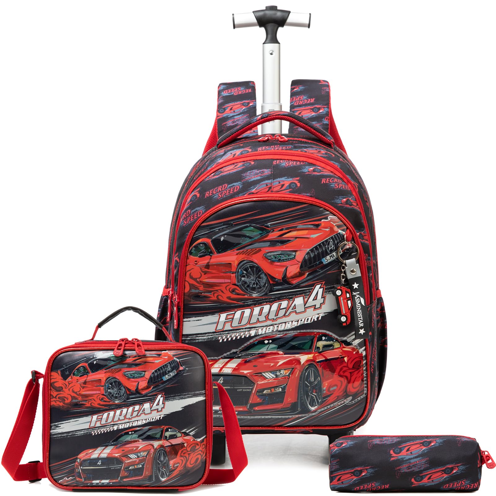 Egchescebo Kids Rolling Cars Backpack for Boys Trolley Suitcases Luggage Travel with Wheels Bookbag Wheeled 17" 3PCS Roller Backpacks Toddler Tote Bag