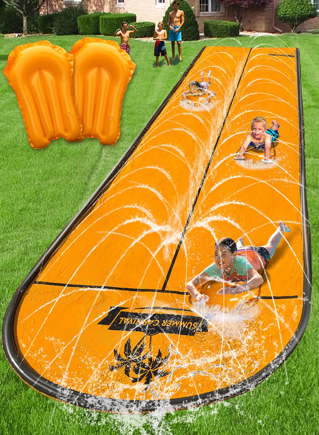Spring Water Slip and Water Slide, 17ft *2 Lanes Slip Water Slides for Kids Backyards Ages 5-8 8-12 with Sprinkler and Inflatable Bodyboards, Summer Water Fun Toy for Outdoor Lawn Games Play