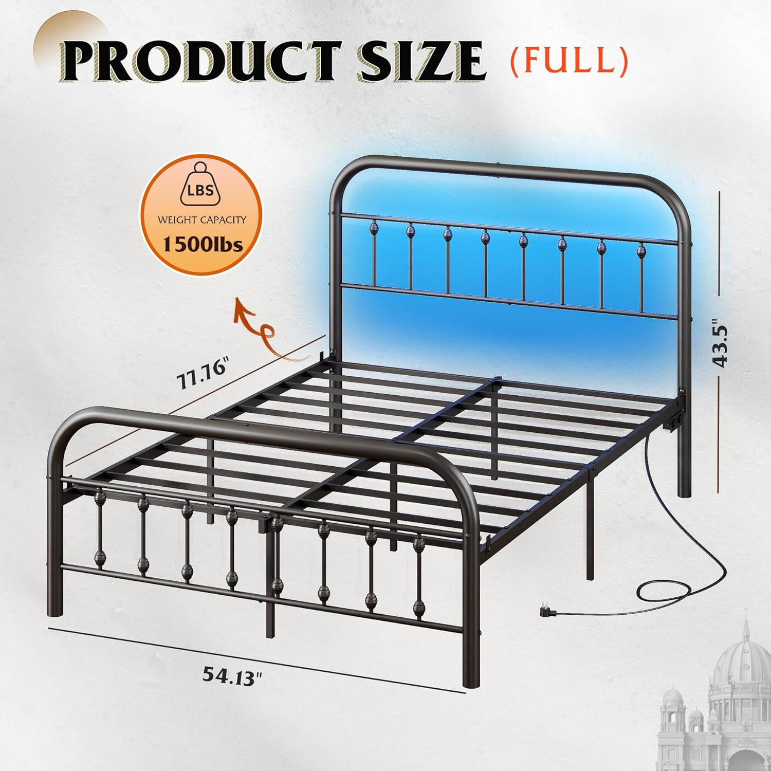 WLIVE Full Size Bed Frame, Full Bed Frames with LED Lights and Charging Station, Metal Bed Frame with Headboard,No Box Spring Required,Easy Assembly, Black Full Black