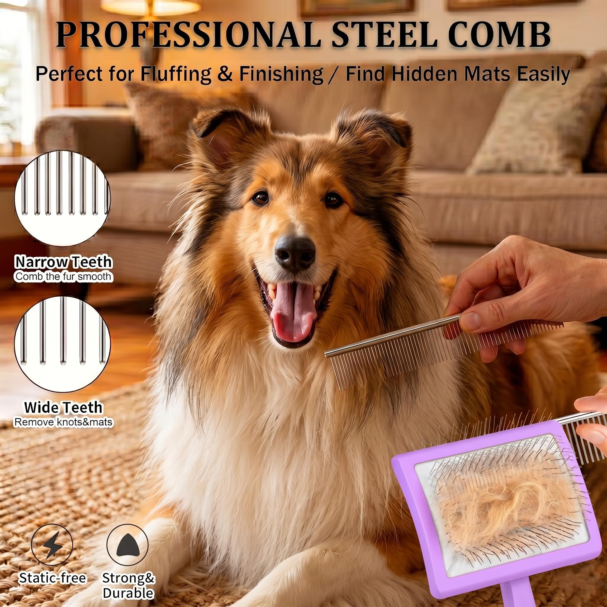Juego de cepillo para perros y peine de acero inoxidable para pelar y asear perros medianos y grandes, largos o gruesos, garabatos y gatos, cepillo de 1 pulgada con mango ergonómico de madera