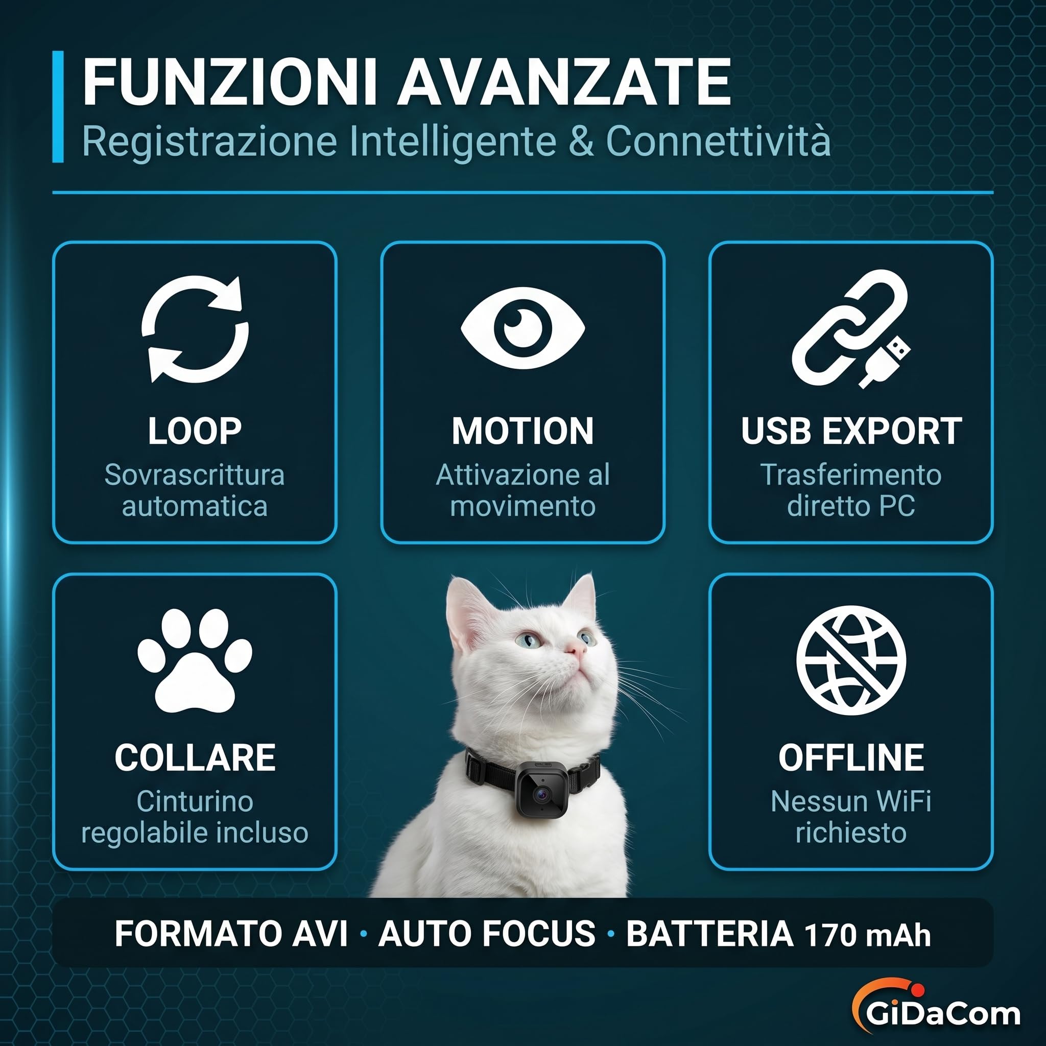 Mini telecamera portatile full hd 1080p, Cani e Gatti visione notturna a infrarossi, registrazione su SD, collare regolabile a strappo (CAMPET1)