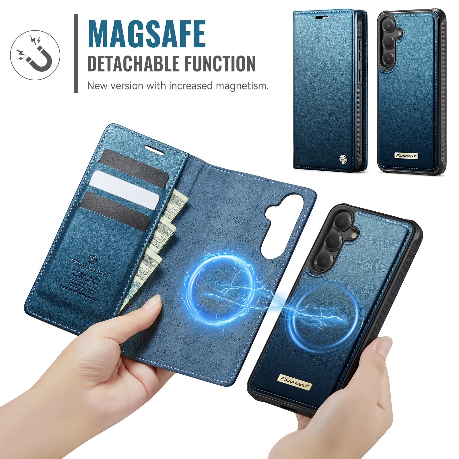 Custodia a portafoglio rimovibile per Samsung Galaxy S26 Plus 2 in | Compatibile con Magsafe, magnetico, porta carte di credito con blocco RFID, antiurto, cavalletto, ricarica wireless