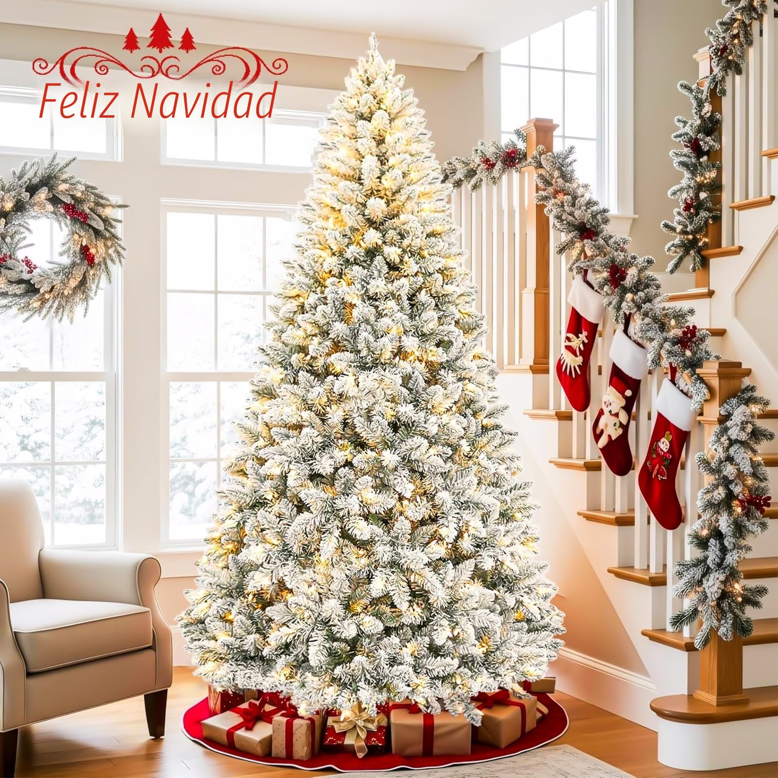 QLOFEI 180cm Arbol de Navidad Nevado Artificial con Nieve y 300 Luces LED Cálidas, Arbol de Navidad con Luces Incorporadas, 856 Puntas y Soporte de Metal para Hogar Oficina Comercio Fiesta